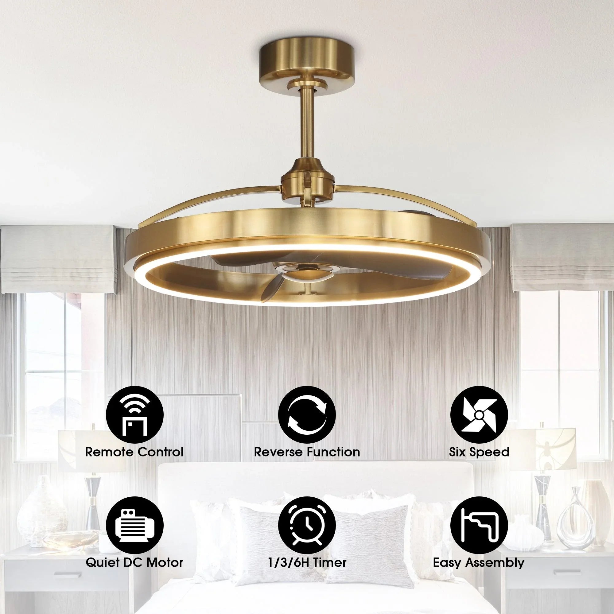 Golden ceiling fan with light kit, remote control features and six-speed DC motor icons