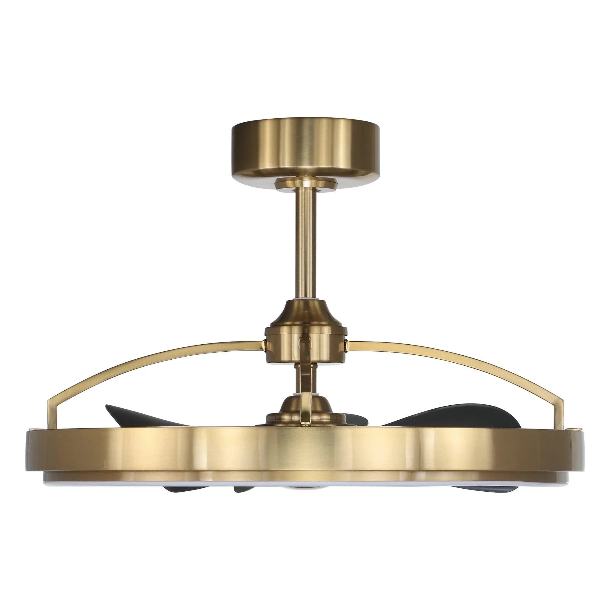Golden ceiling fan with light housing, metal downrod, and black blades