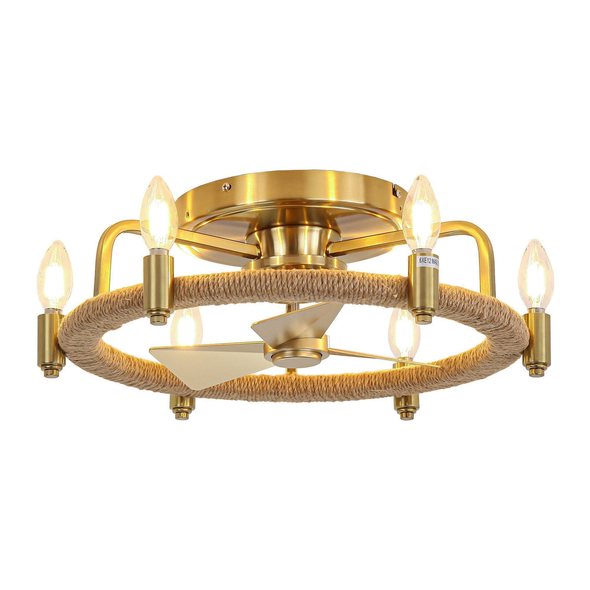 Golden flush mount ceiling fan with light and rope-wrapped ring, five bulbs visible