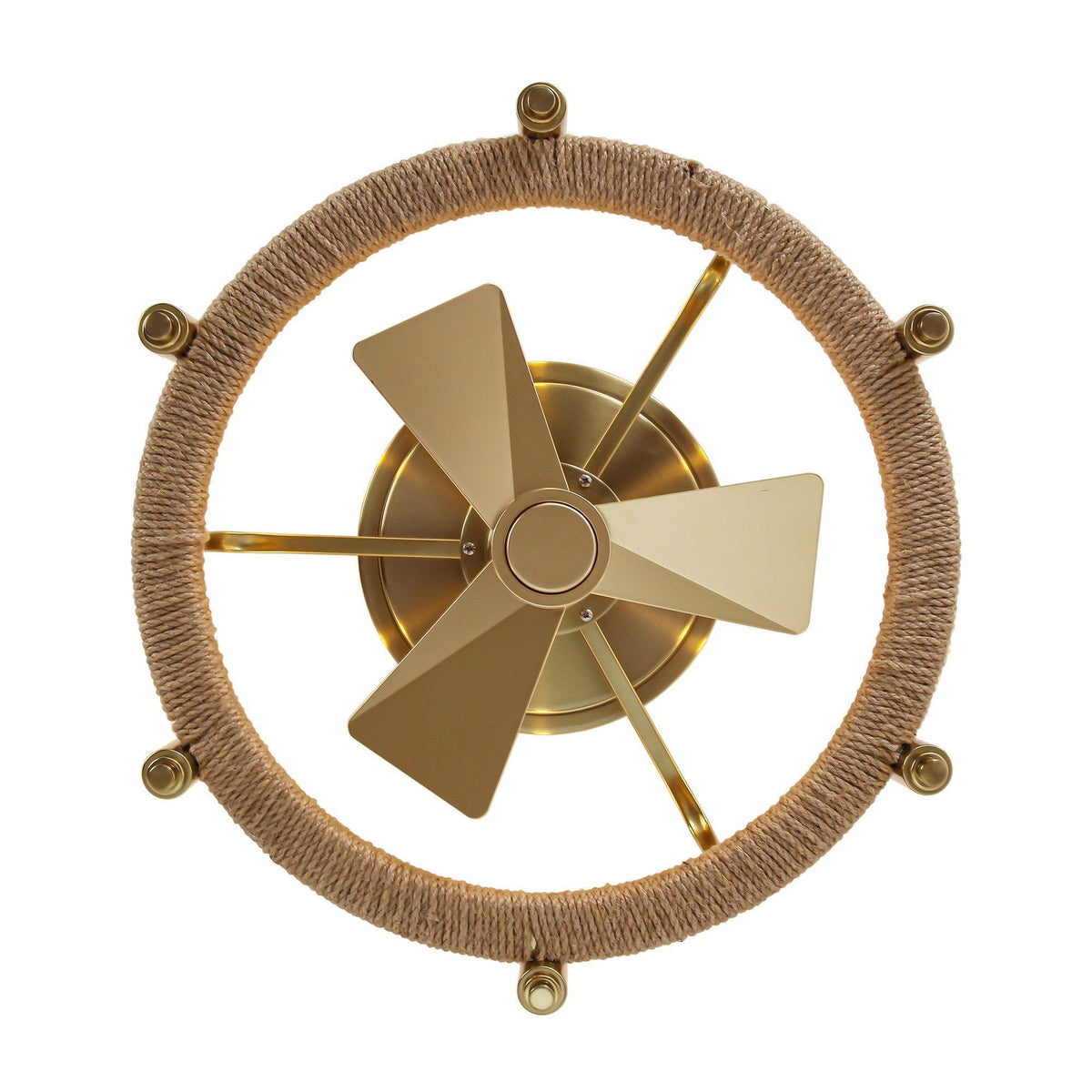 Golden ceiling fan motor and blades with rope-wrapped outer ring, round front view