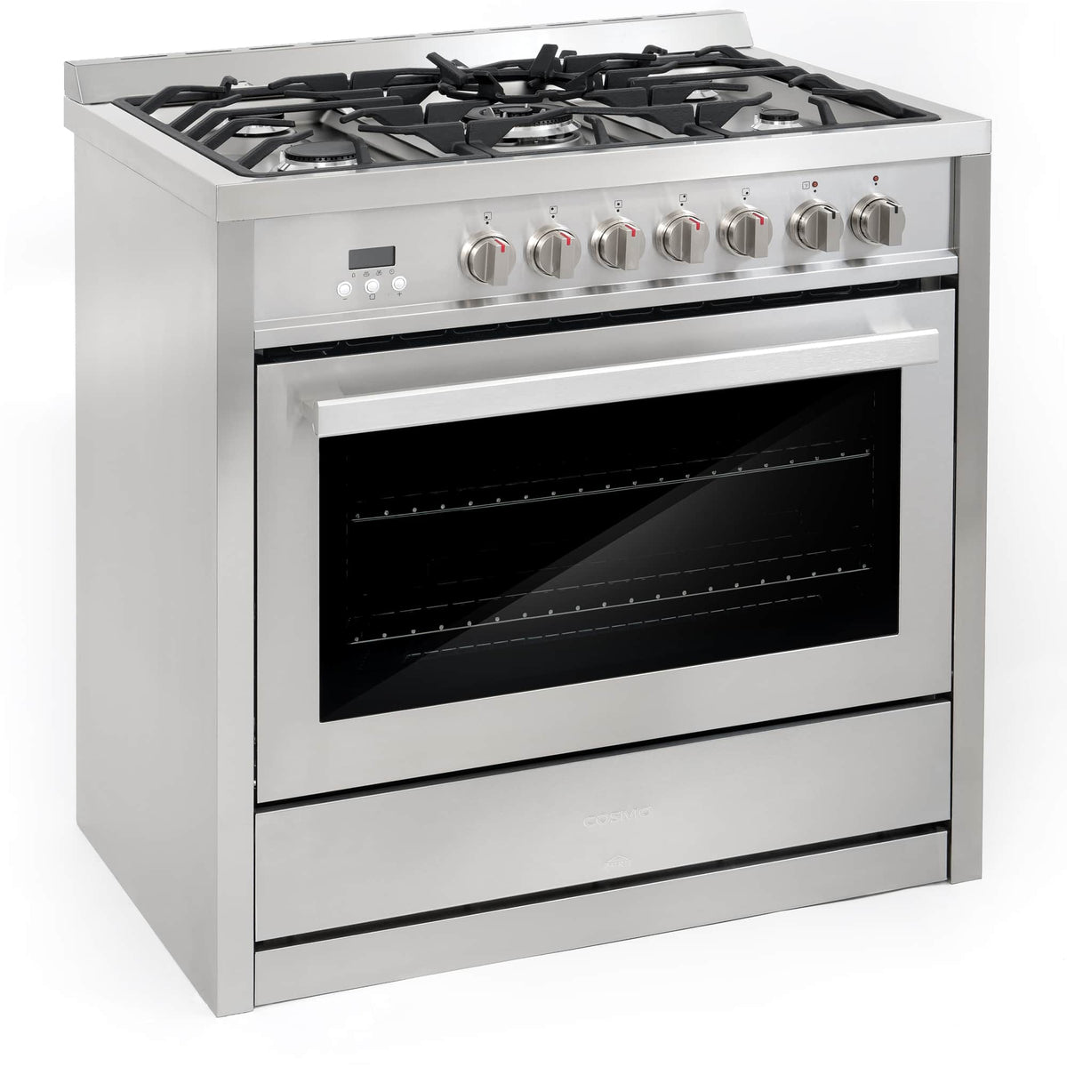 Stainless steel dual-fuel range with gas cooktop, oven window, and front drawer