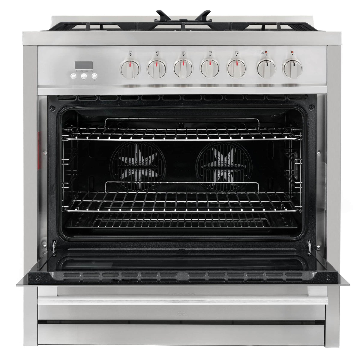 Stainless steel dual-fuel oven with racks and two visible bake elements inside