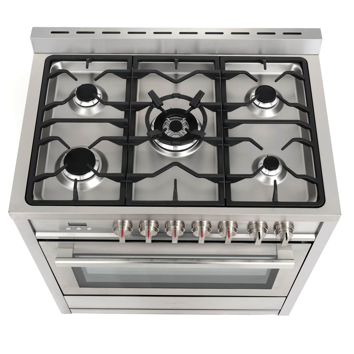 Stainless steel gas cooktop with five burners and metal grates, front control knobs