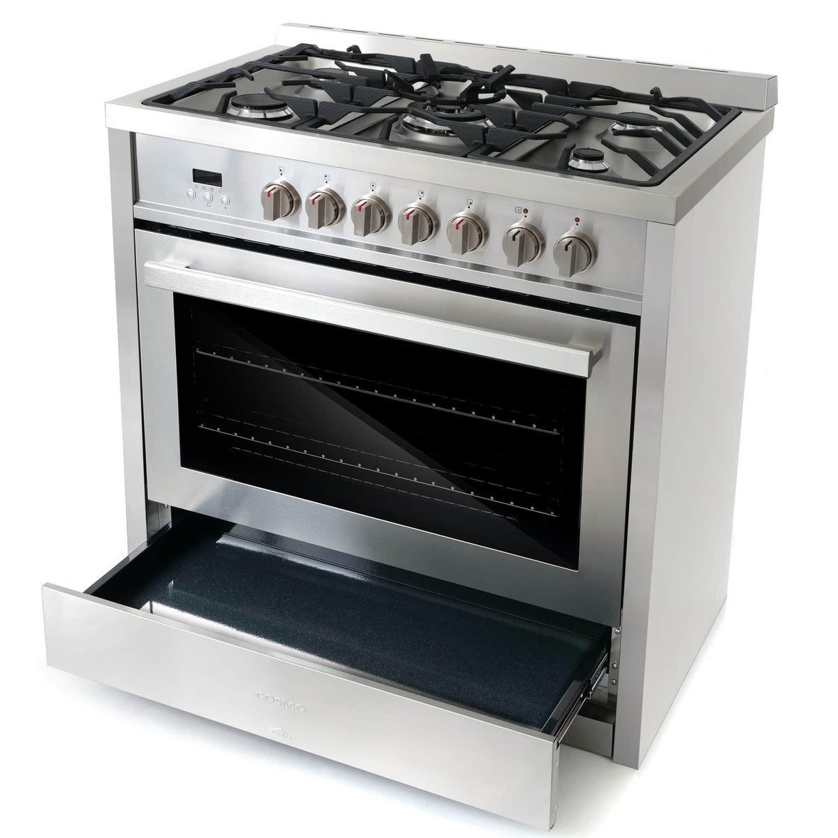 Stainless steel dual-fuel range with open oven drawer and gas cooktop