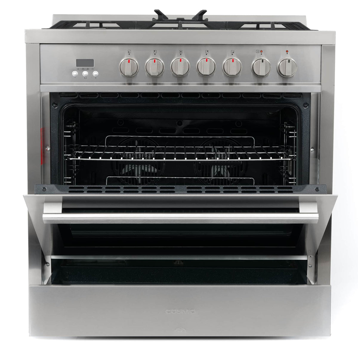Stainless steel dual fuel single oven range with open door and visible oven racks
