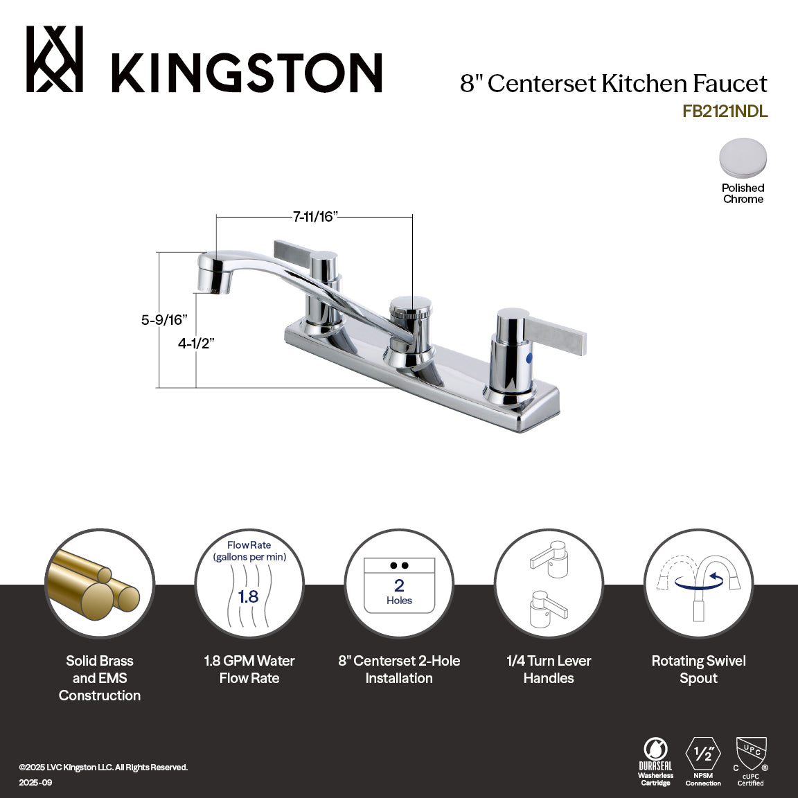 NuvoFusion Double-Handle 8" Centerset Kitchen Faucet in Polished Chrome