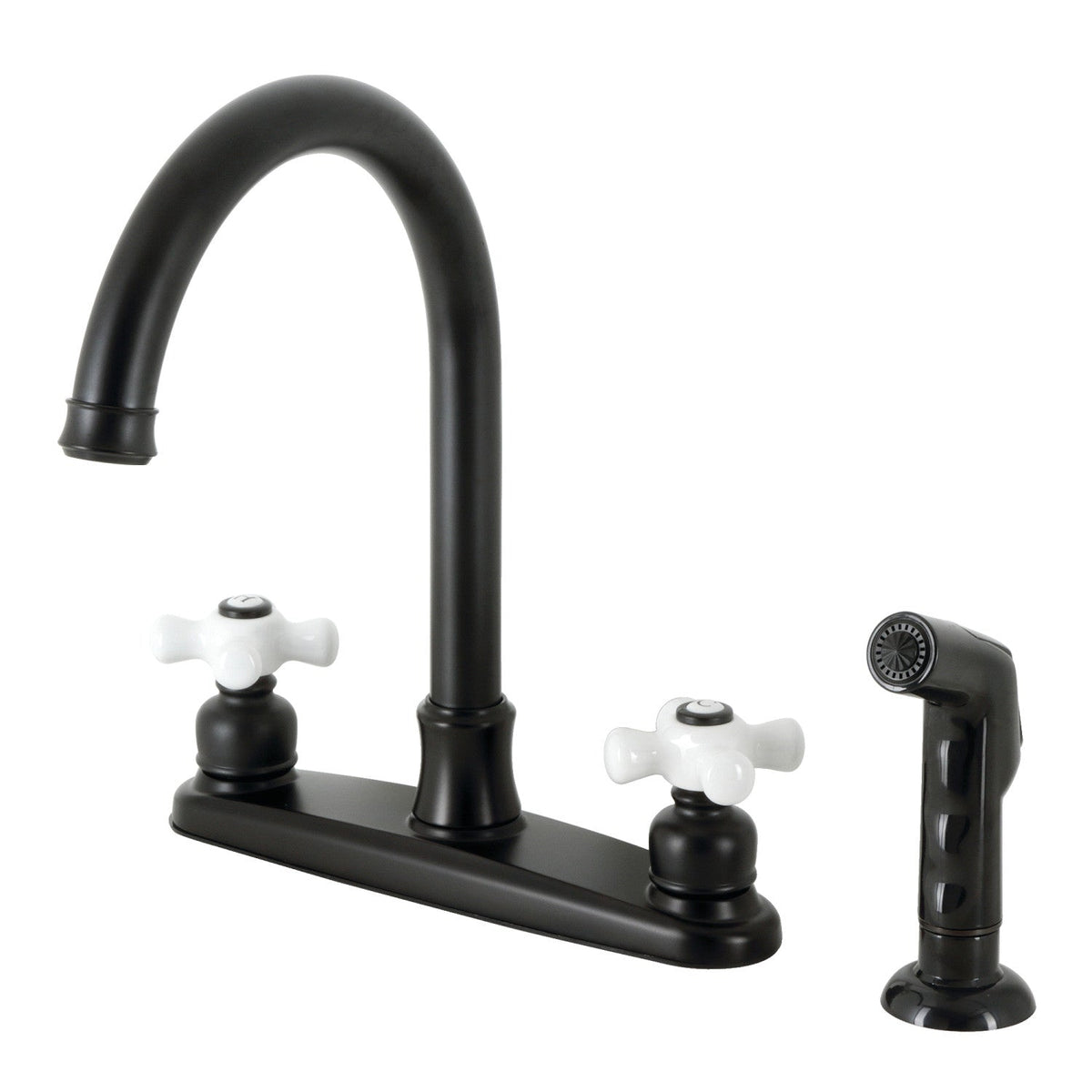 Victorian Double-Handle 8" Centerset Kitchen Faucet with Side Sprayer in Matte Black