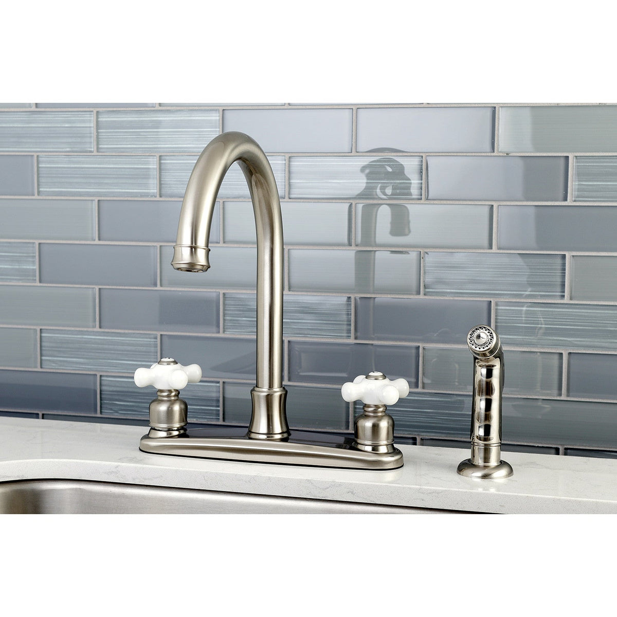 Victorian Double-Handle 8" Centerset Kitchen Faucet with Side Sprayer in Brushed Nickel