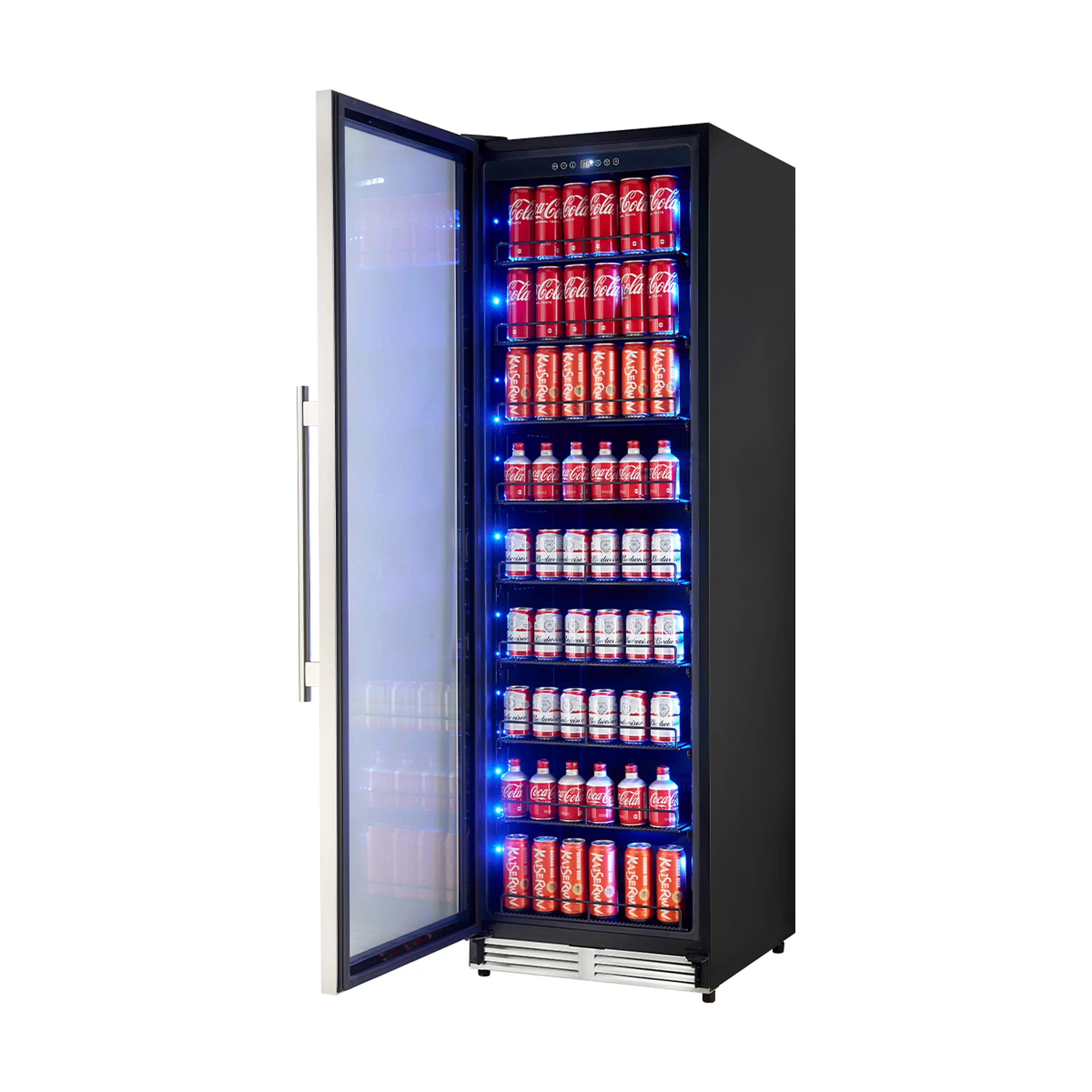 Beverage cooler with open door, blue/red LED interior filled with Coca-Cola cans