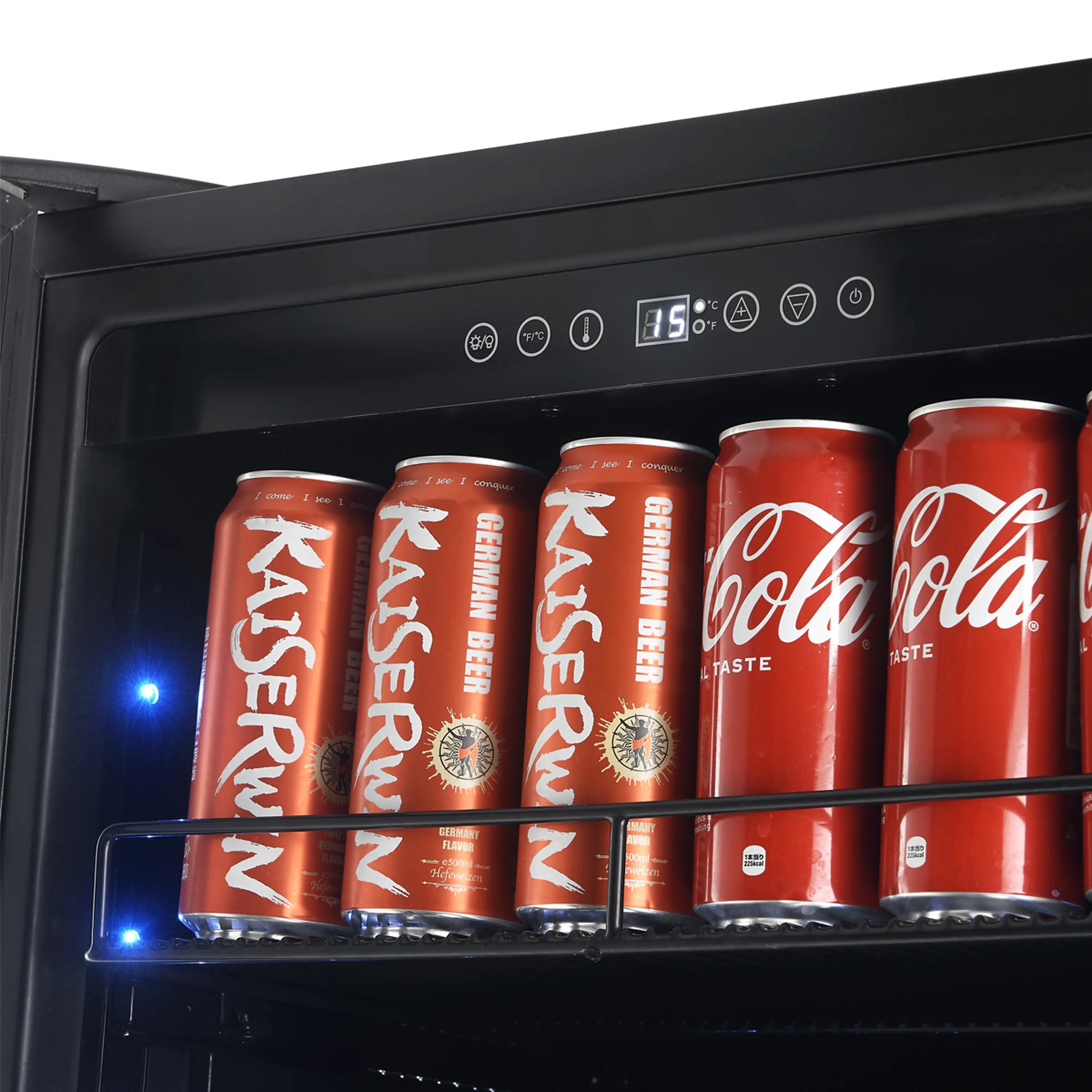 Beverage cooler interior with blue LED shelves holding assorted soda cans, Coca-Cola visible