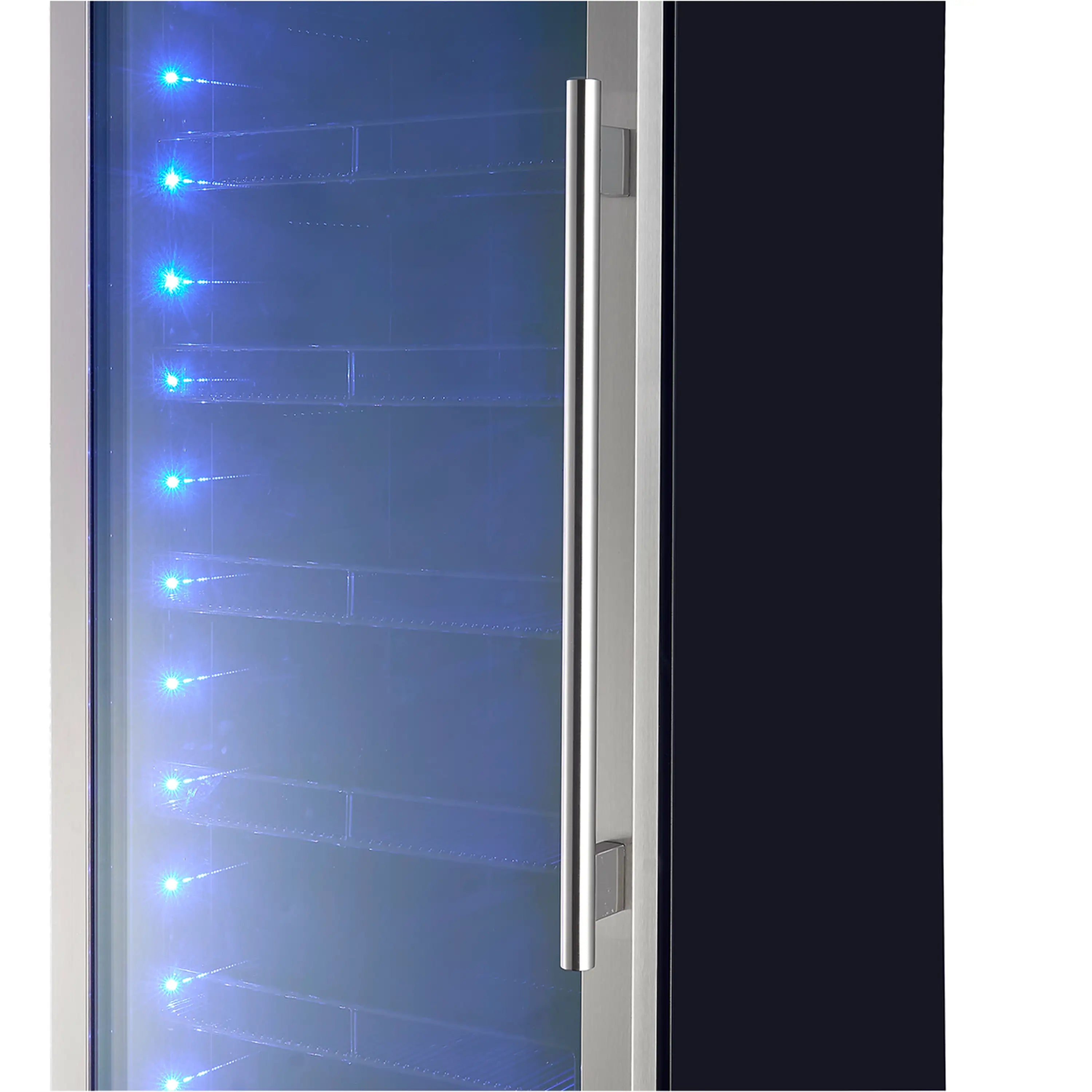 Open door beverage cooler with blue LED-lit glass and interior shelf rails