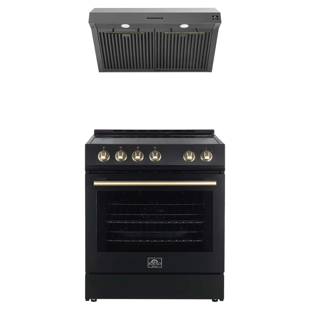 Forno Espresso 2-Piece Appliance Package - 30-Inch Electric Range with 5.0 Cu.Ft. Electric Oven and Under Cabinet Range Hood in Black with Antique Brass Trim (FBDL-002-02US)