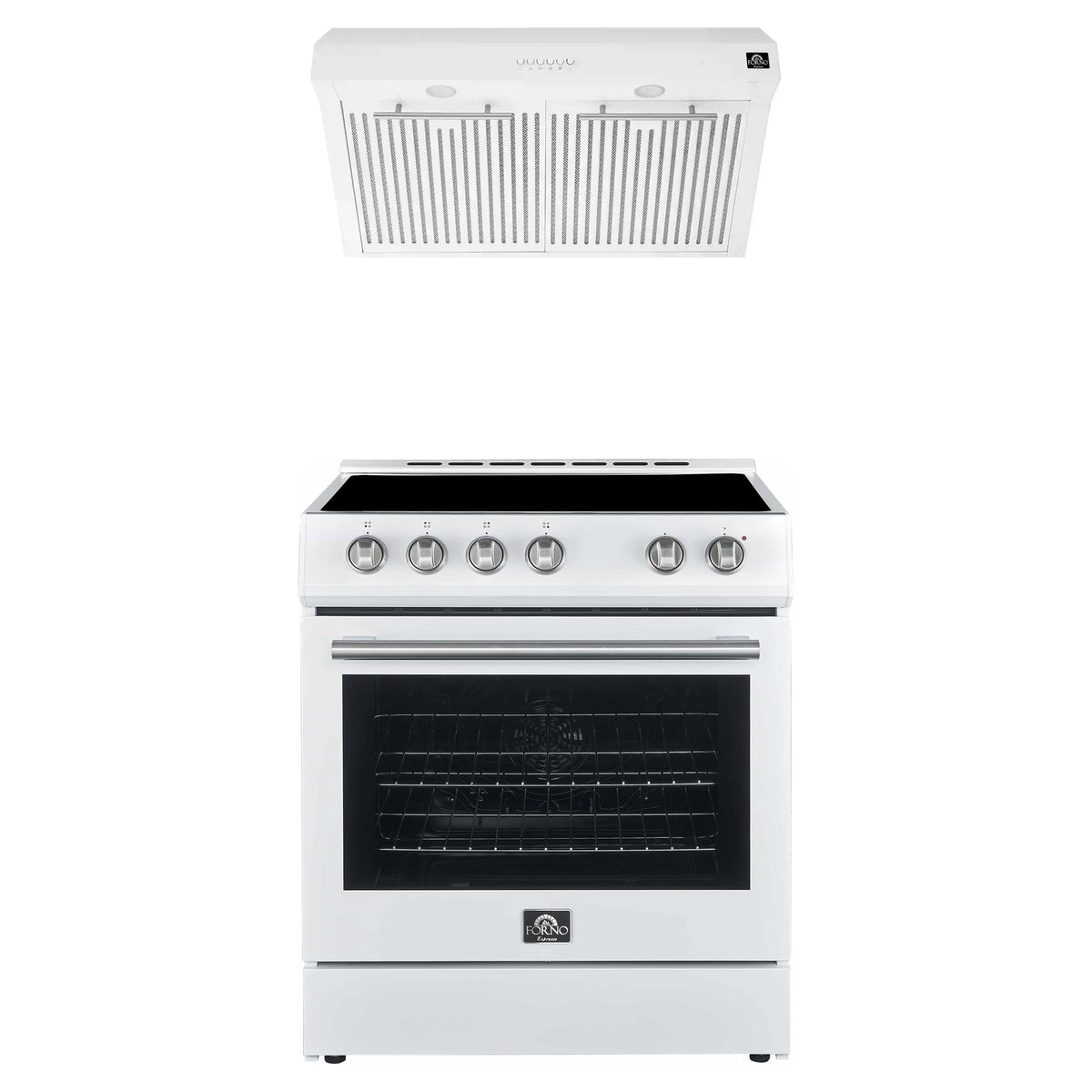 Forno Espresso 2-Piece Appliance Package - 30-Inch Electric Range with 5.0 Cu.Ft. Electric Oven and Under Cabinet Range Hood in White with Stainless Steel Trim (FBDL-002-03US)