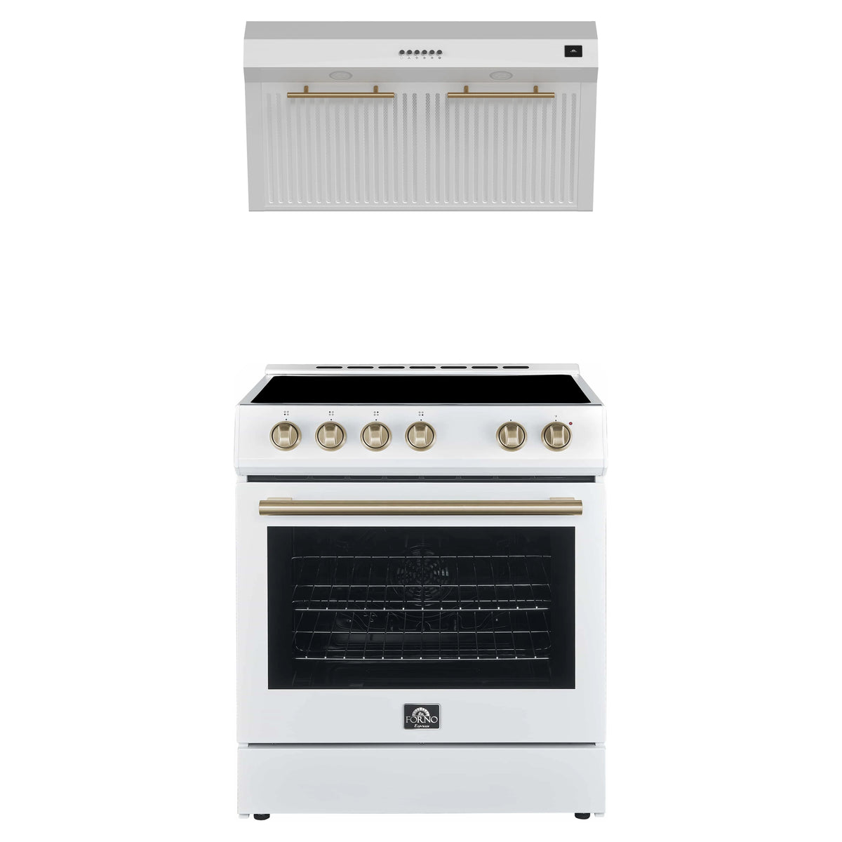 Forno Espresso 2-Piece Appliance Package - 30-Inch Electric Range with 5.0 Cu.Ft. Electric Oven and Under Cabinet Range Hood in White with Antique Brass Trim (FBDL-002-03US)