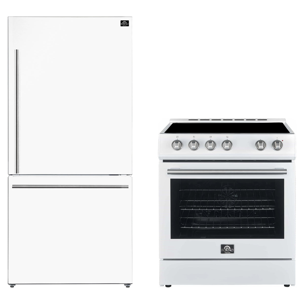 Forno Espresso 2-Piece Appliance Package - 30-Inch Electric Range with 5.0 Cu.Ft. Electric Oven and Refrigerator in White with Stainless Steel Trim