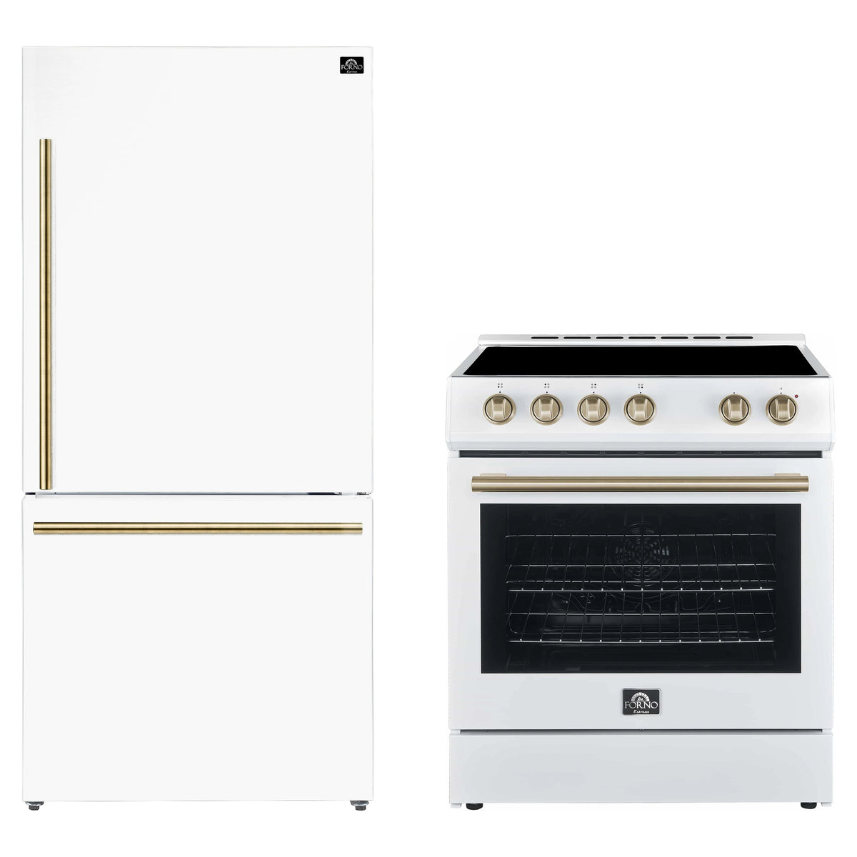 Forno Espresso 2-Piece Appliance Package - 30-Inch Electric Range with 5.0 Cu.Ft. Electric Oven and Refrigerator in White with Antique Brass Trim