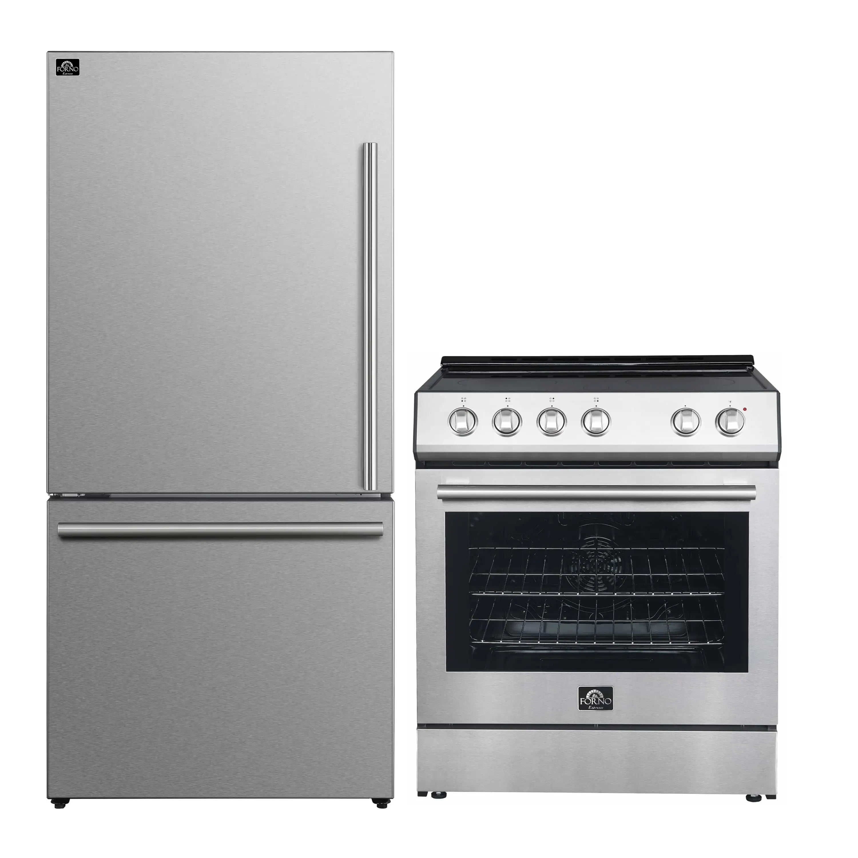 Stainless refrigerator next to electric range with oven door