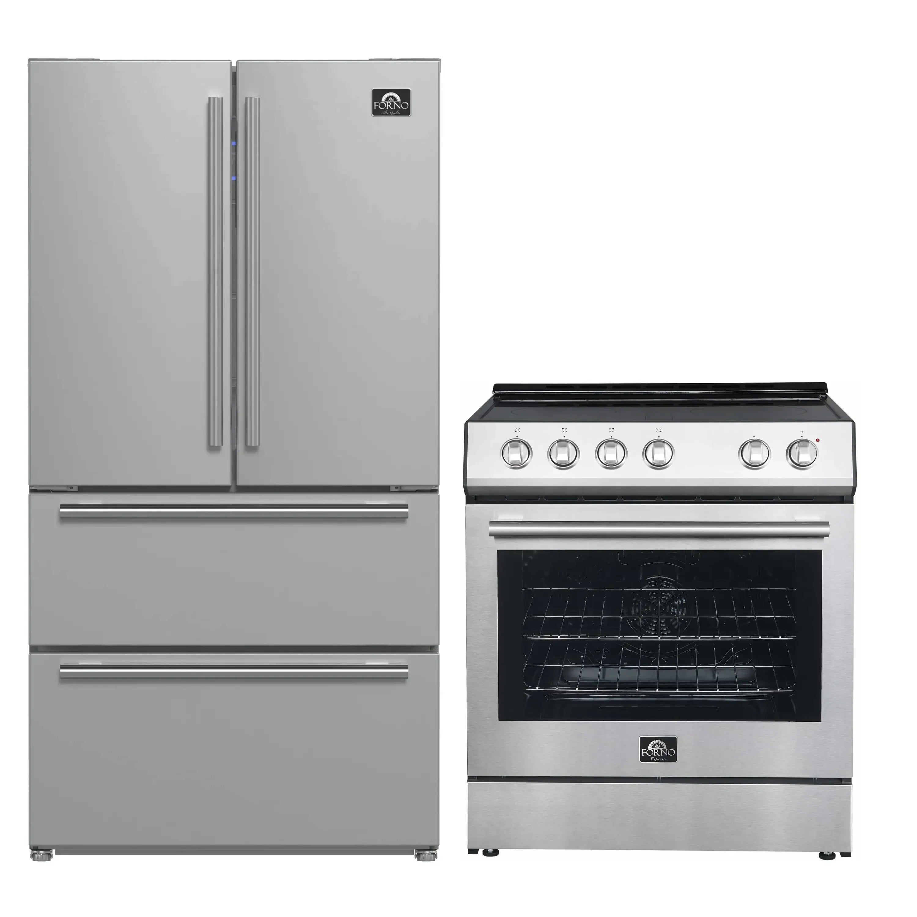 Stainless steel French door refrigerator and electric range cooktop with control knobs