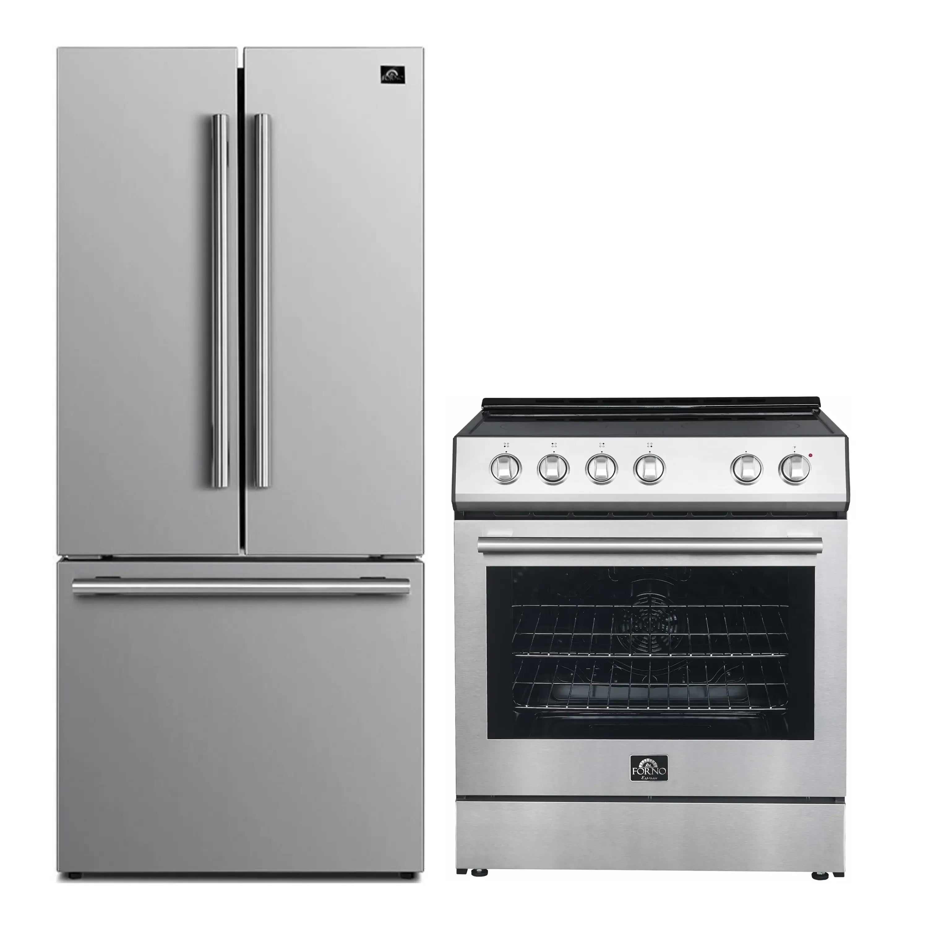 Stainless steel refrigerator and electric range appliance set, side-by-side