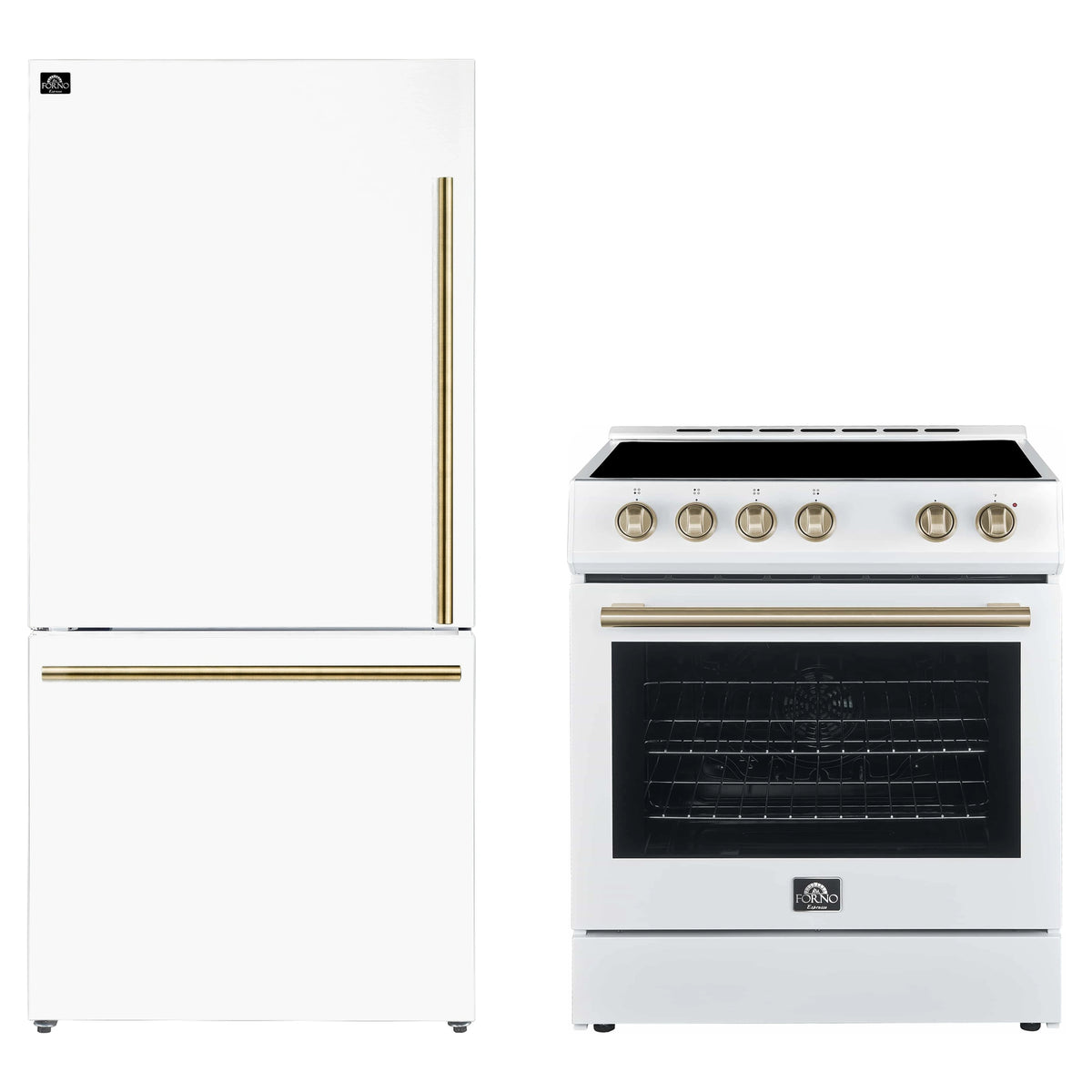Forno 2-Piece Appliance Package - 30-Inch Electric Range and 31-Inch Refrigerator, Left Hinge in White with Antique Brass Trim (FBDL-003-08US)