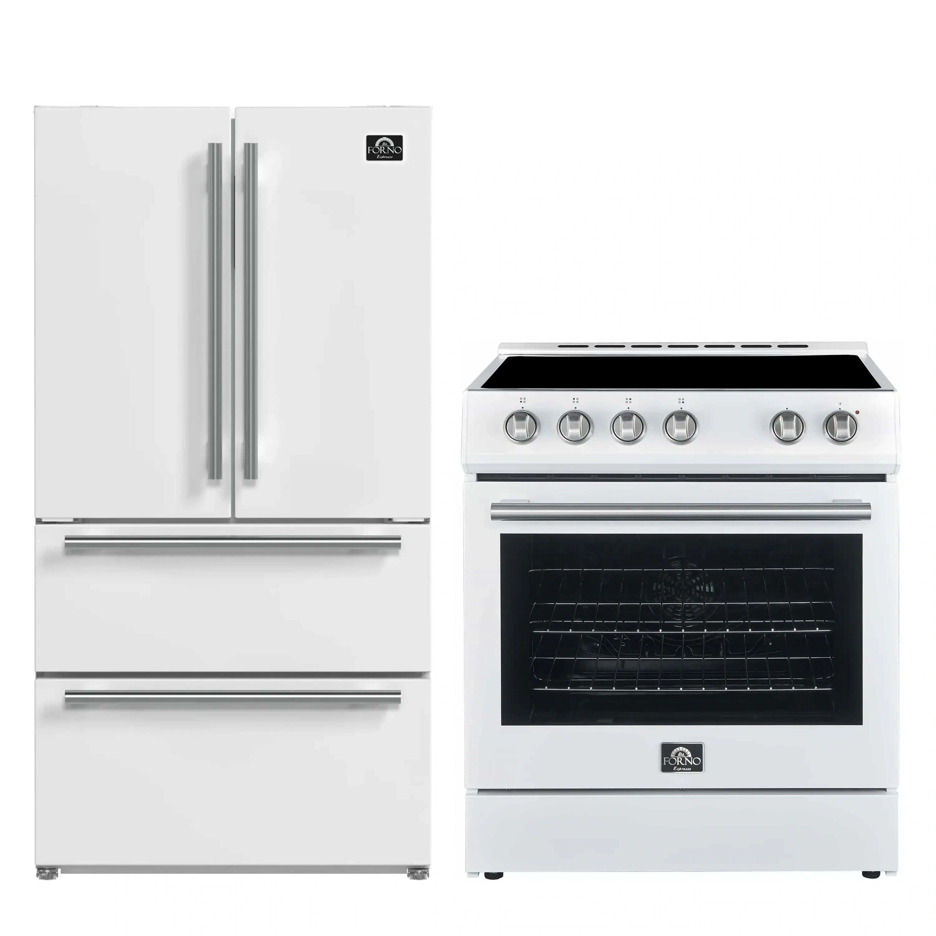 White refrigerator with stainless handles beside electric range with control knobs