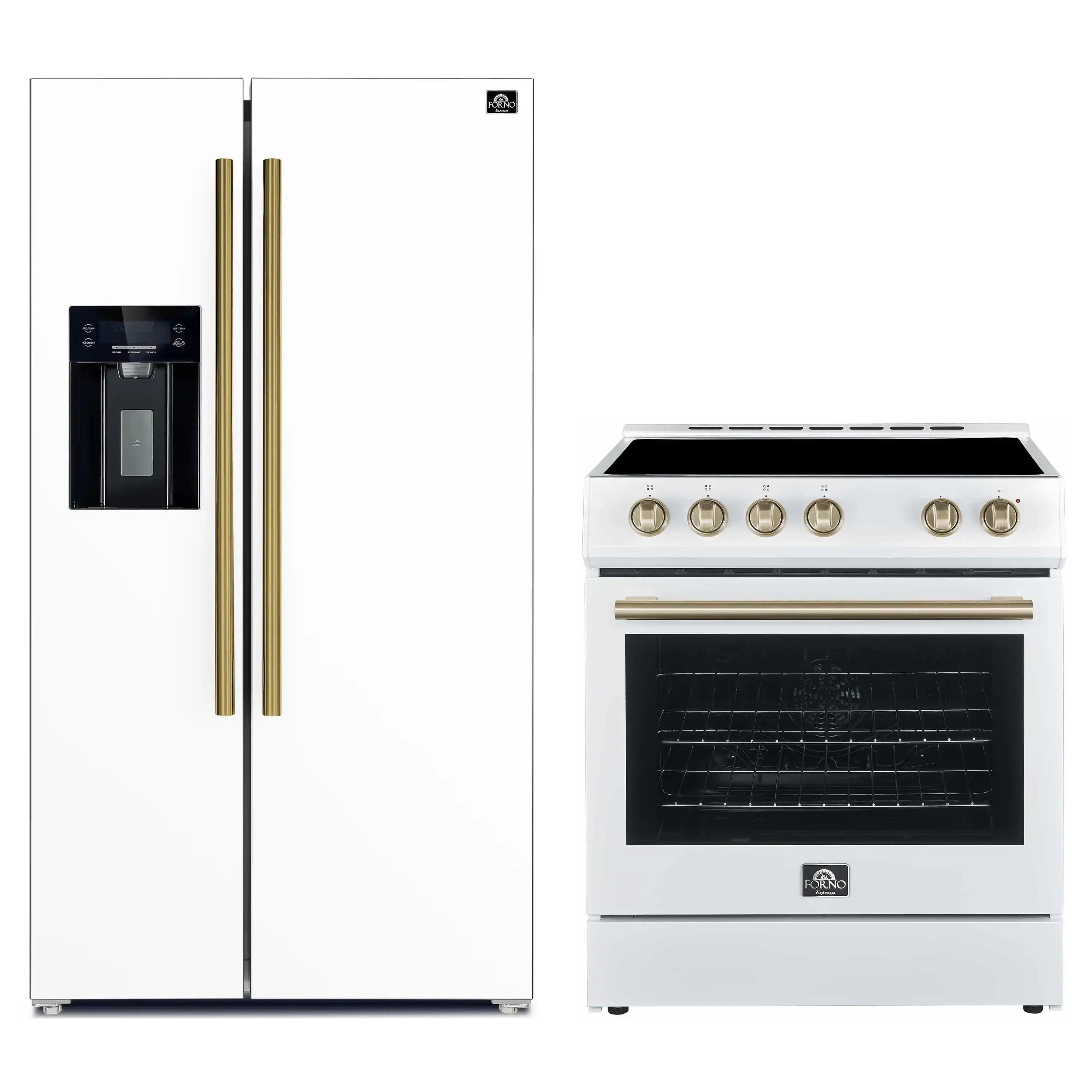 Forno 2-piece appliance package: white refrigerator with brass handles and electric range
