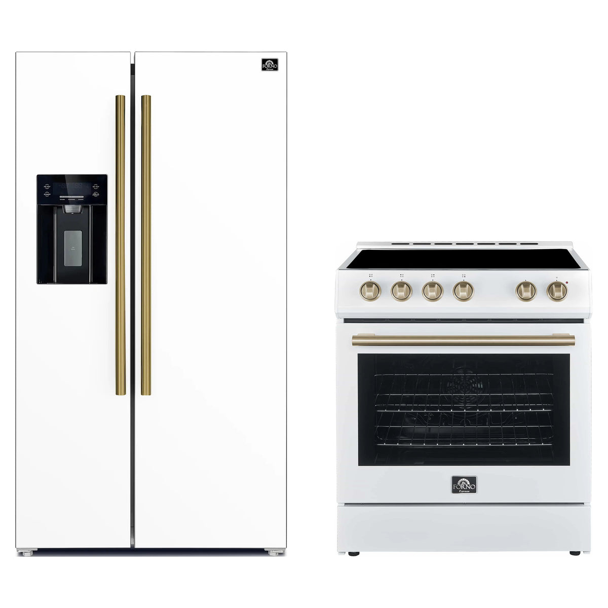 Forno 2-Piece Appliance Package - 30-Inch Electric Range and 36-Inch Side by Side Refrigerator in White with Antique Brass Trim (FBDL-003-10US)