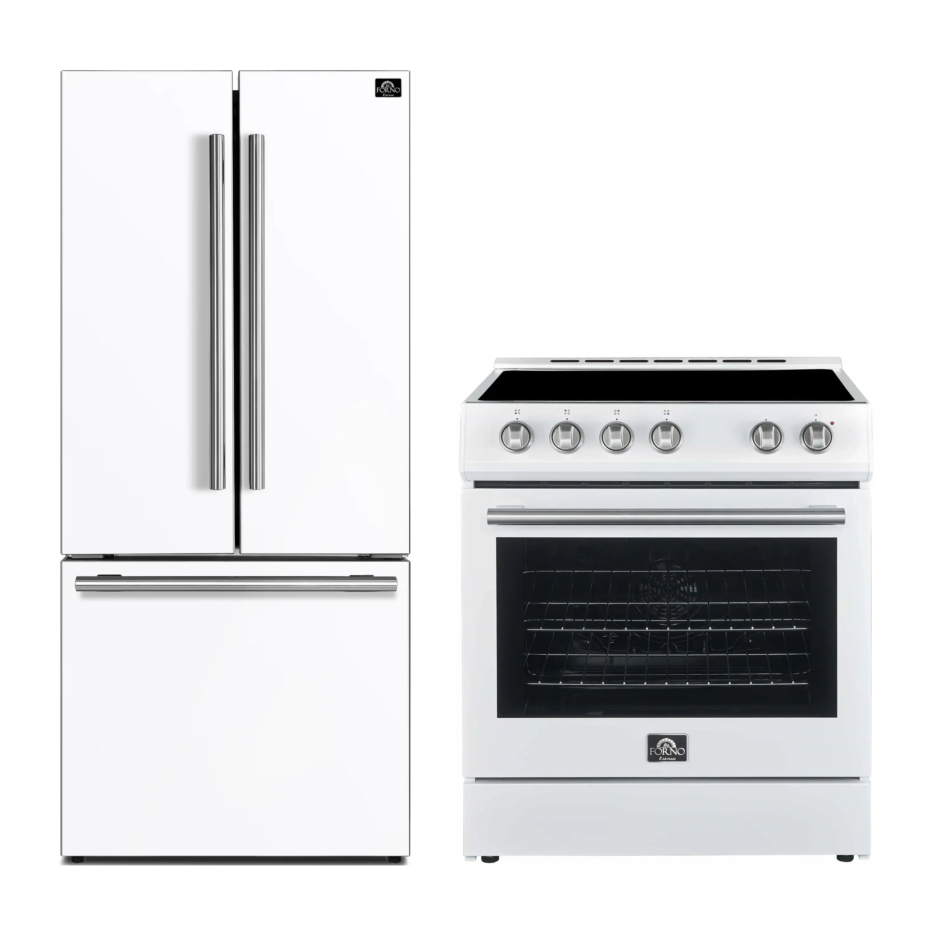 White refrigerator and 30-inch electric range with stainless steel handles
