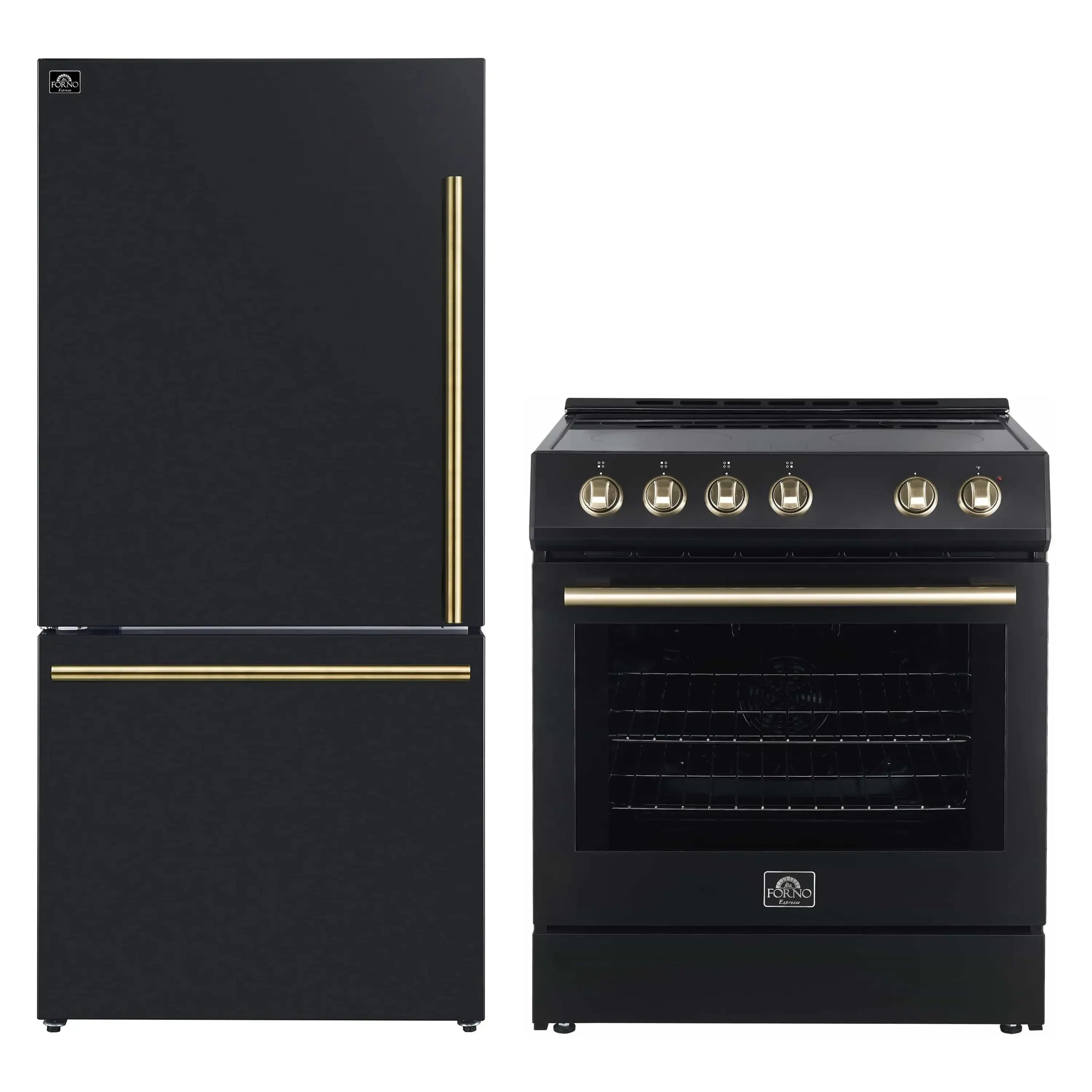 Black refrigerator and electric range with antique brass handles, side-by-side front view