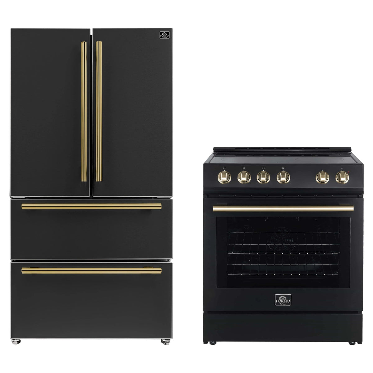 Forno 2-Piece Appliance Package - 30-Inch Electric Range and 36-Inch French Door Refrigerator in Black with Antique Brass Trim (FBDL-003-13US)
