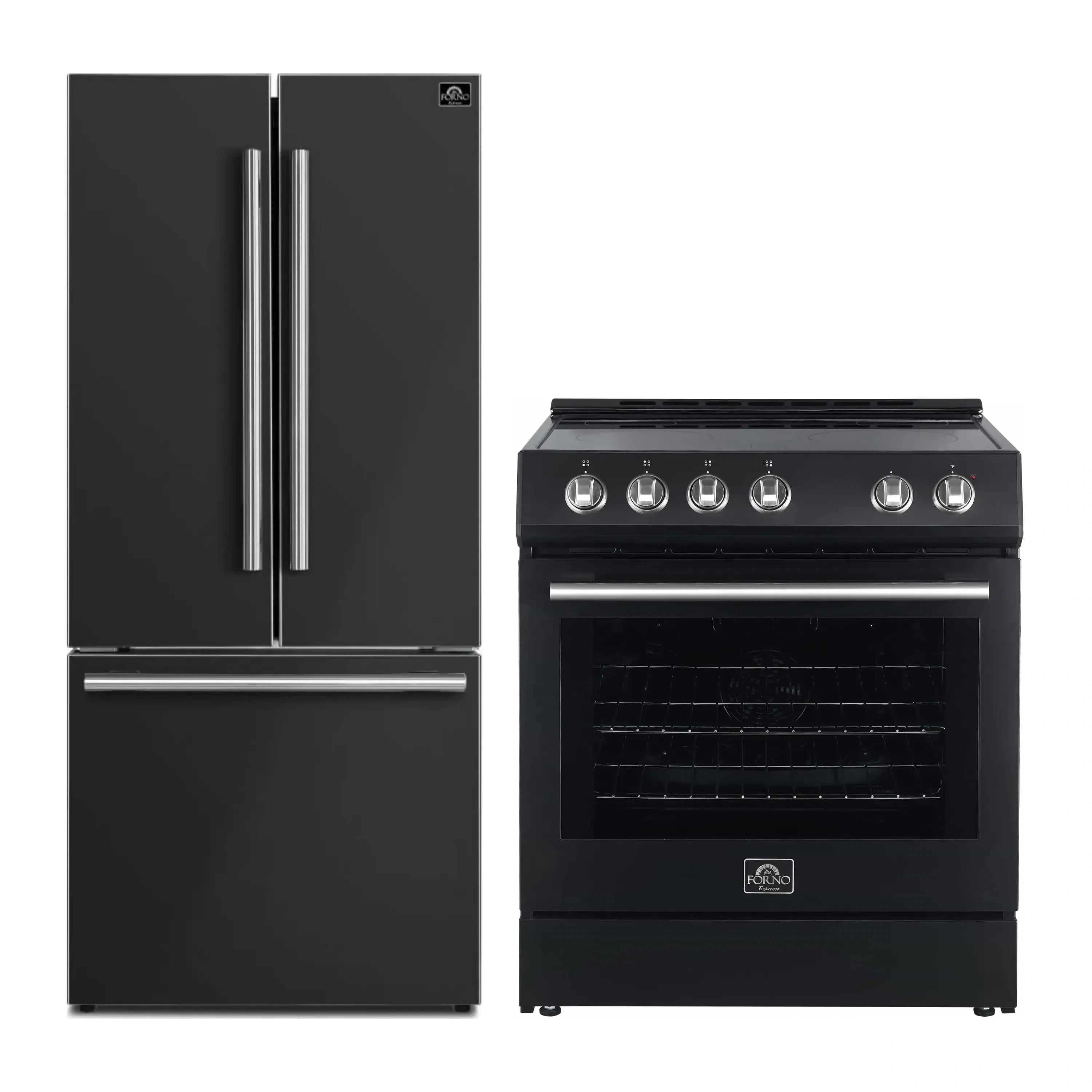 Black refrigerator with stainless handles and black electric range with control knobs