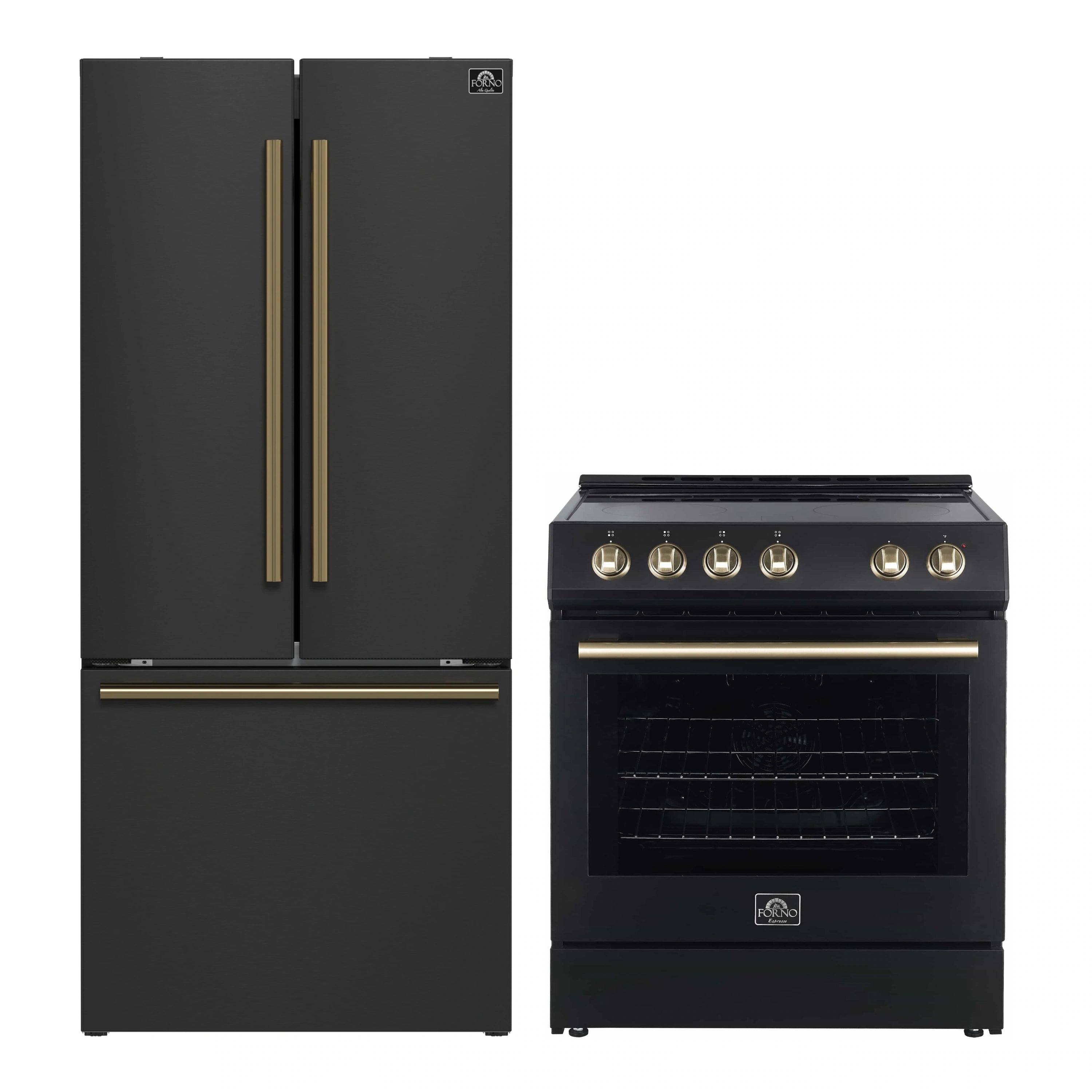 Black French door refrigerator and electric range with antique brass handles