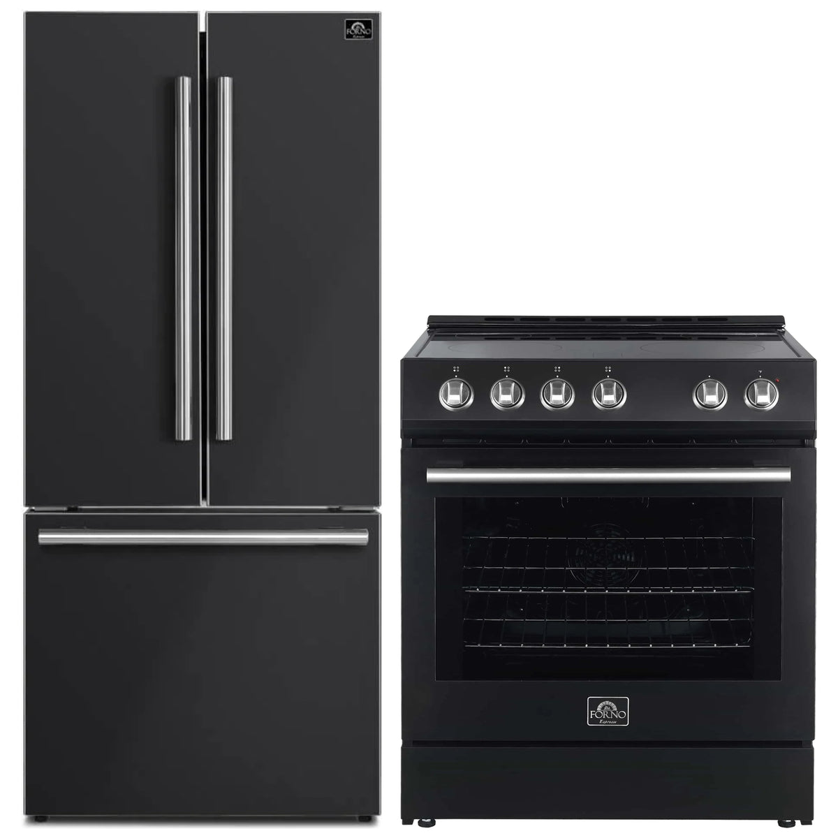 Forno 2-Piece Appliance Package - 30-Inch Electric Range and 30-Inch French Door Refrigerator in Black with Stainless Steel Trim (FBDL-003-15US)