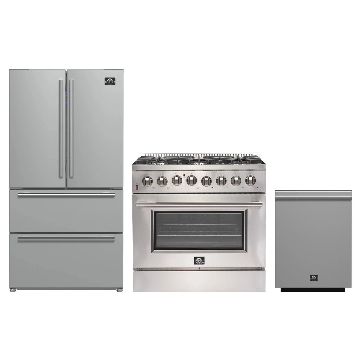 Forno 3-Piece Appliance Package - 36-Inch Dual Fuel Range, French Door Refrigerator, and Dishwasher in Stainless Steel (FBDL-004-02CAUS)