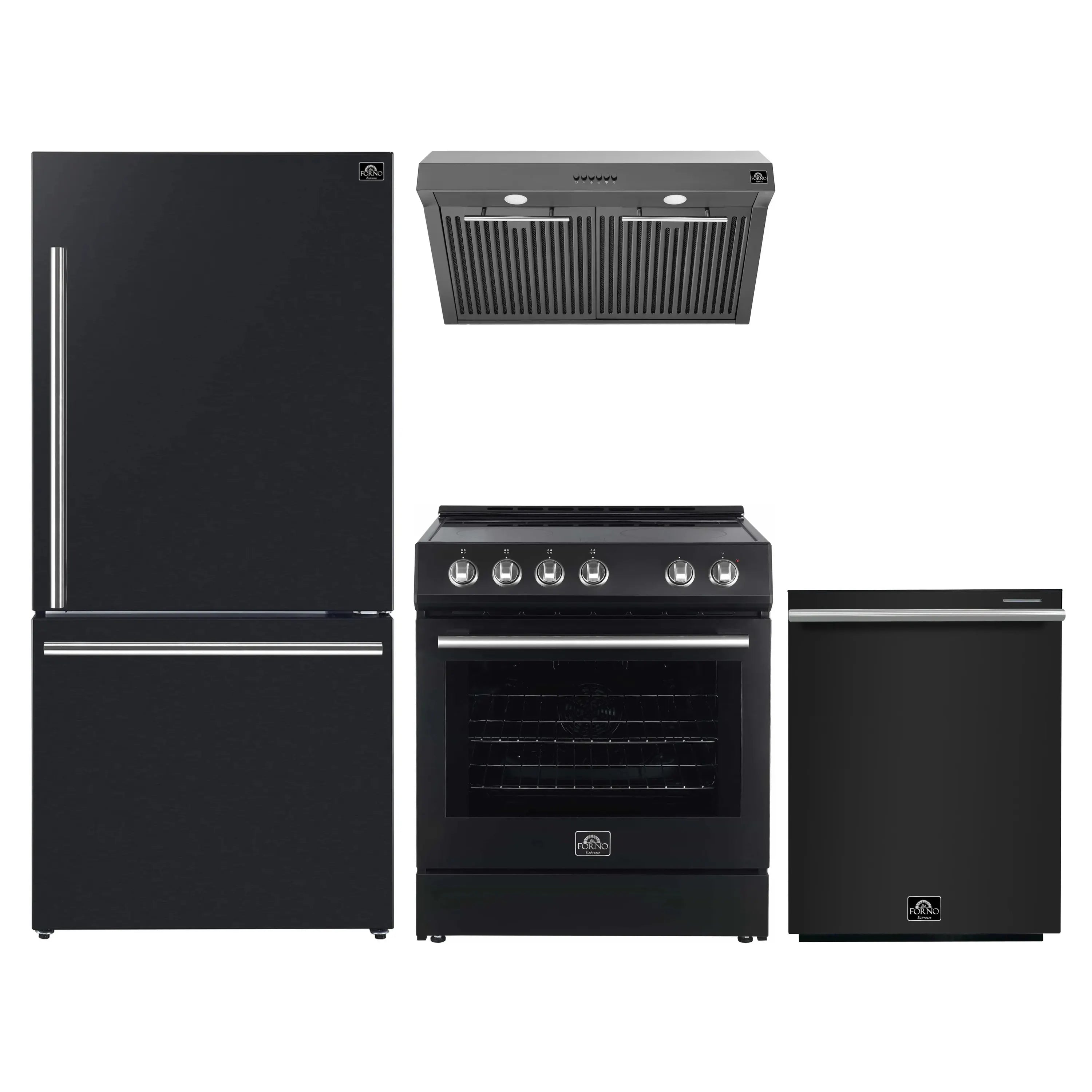 Black appliance package with stainless-trim refrigerator, dishwasher, range, and range hood