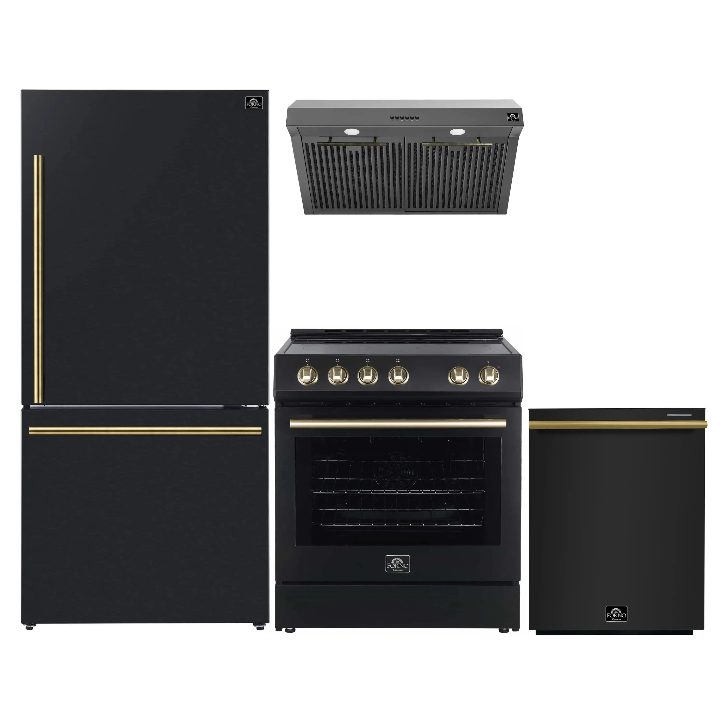 Black appliance set with refrigerator, electric range, built-in dishwasher, and range hood