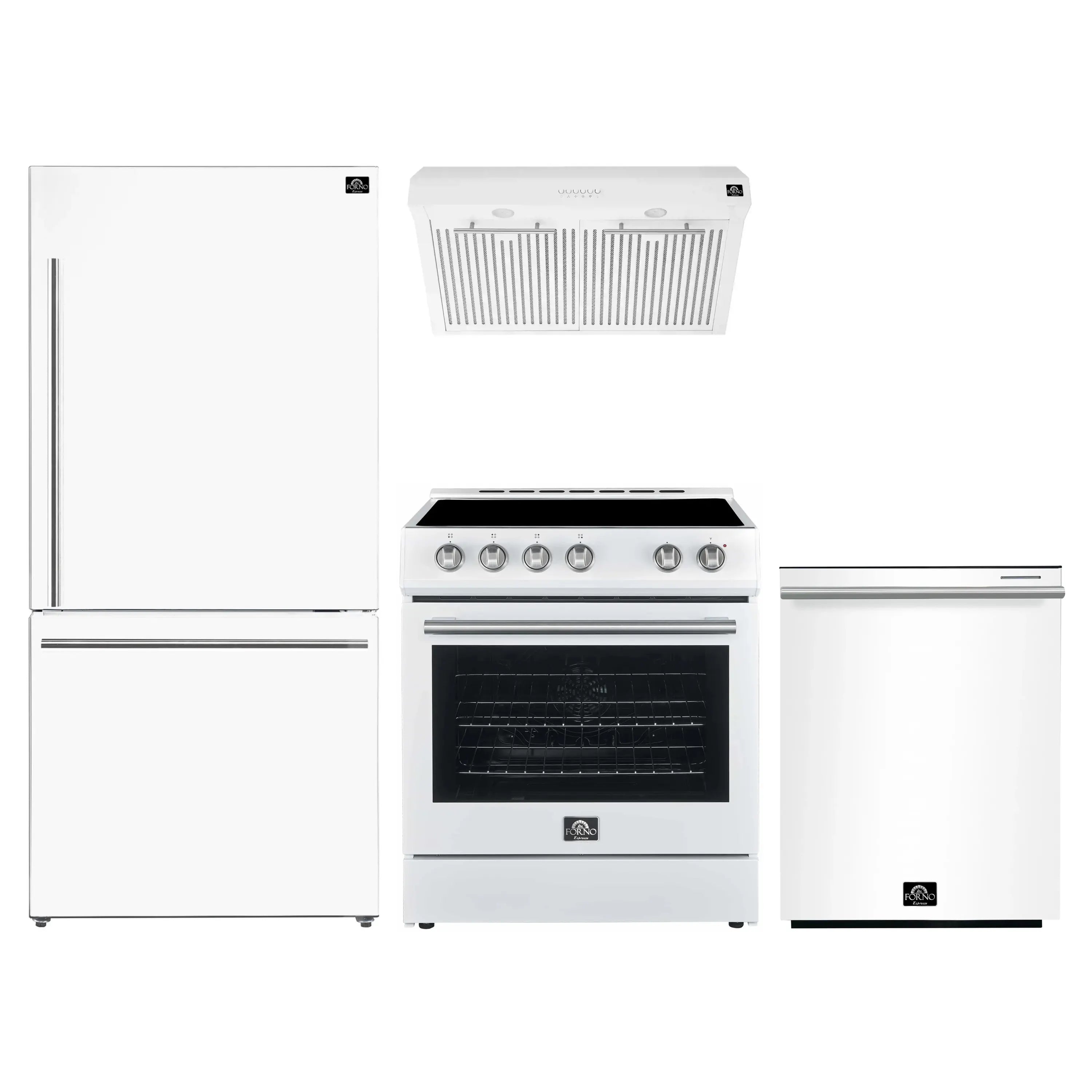 White appliance set: electric range with hood, refrigerator, and dishwasher
