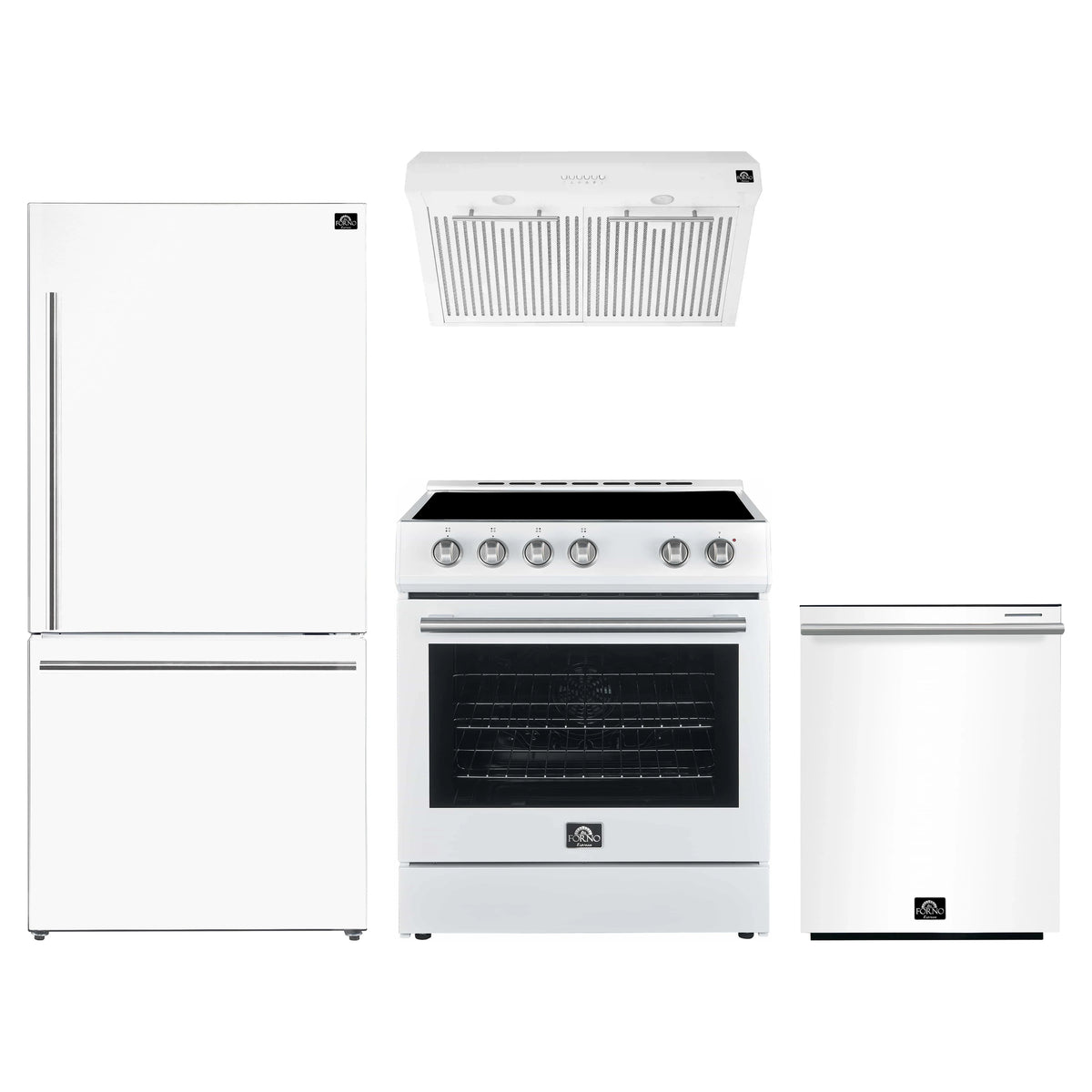 FORNO 4-Piece Appliance Package- 30-Inch Electric Range, Under Cabinet Range Hood, 31-Inch Refrigerator, and Built-In Dishwasher in White with Stainless Steel Trim (FBDL-006-03US)