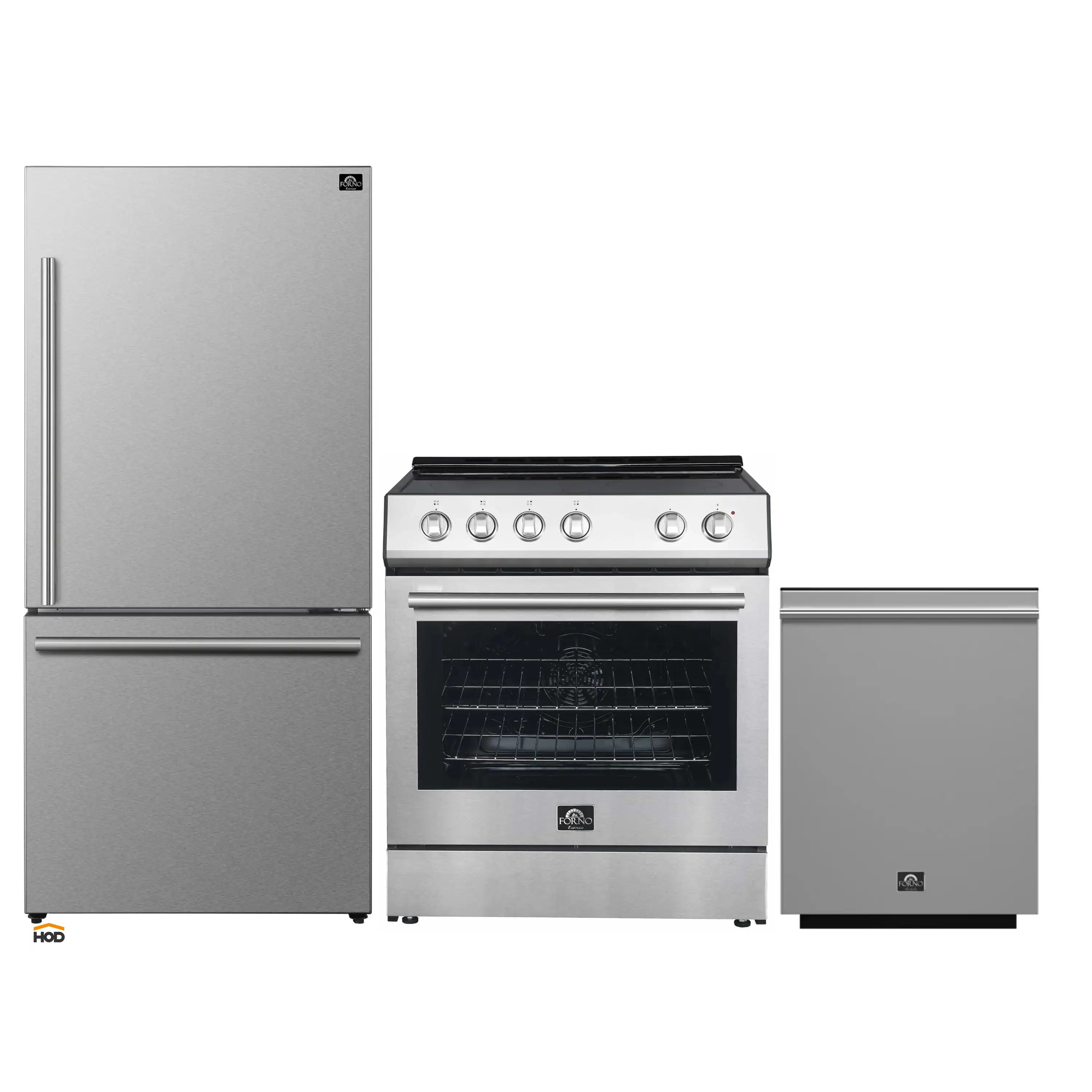 Stainless steel 3-piece appliance set with electric range, refrigerator, and dishwasher