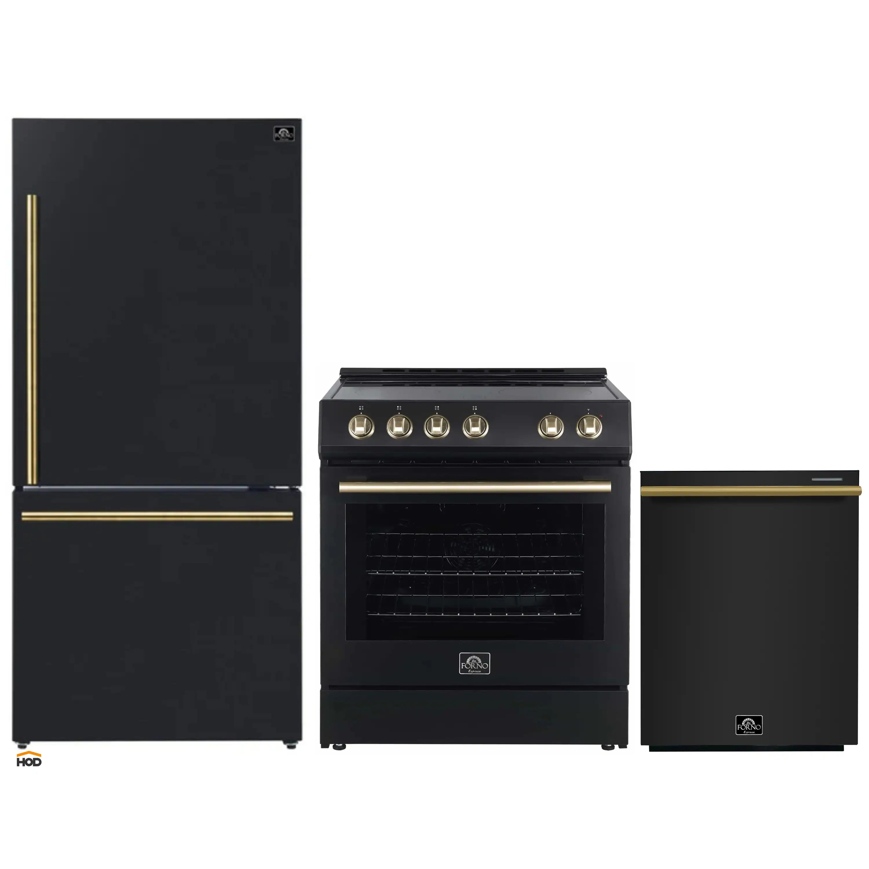3-piece black appliance set: refrigerator, range, and dishwasher with brass handles