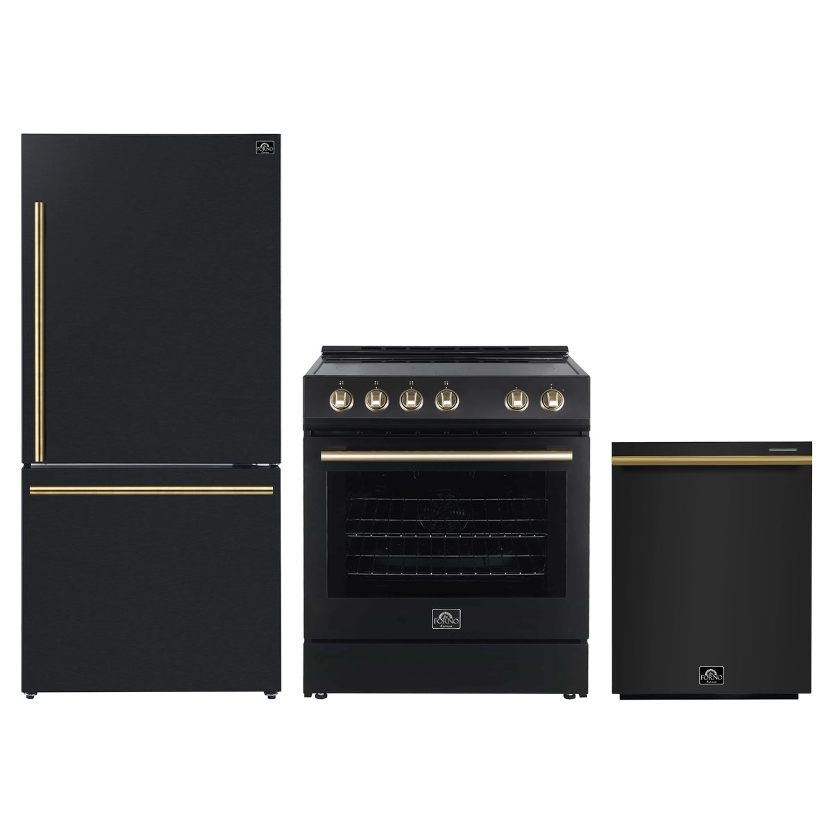 Forno 3-Piece Appliance Package - 30-Inch Leonardo Espresso Electric Range, Refrigerator, & Dishwasher in Black with Antique Brass Trim (FBDL-007-02US)