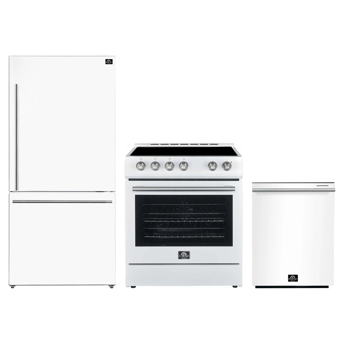 Forno 3-Piece Appliance Package - 30-Inch Leonardo Espresso Electric Range, Refrigerator, & Dishwasher in White with Stainless Steel Trim (FBDL-007-03US)