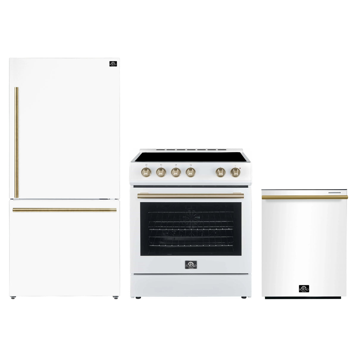 Forno 3-Piece Appliance Package - 30-Inch Leonardo Espresso Electric Range, Refrigerator, & Dishwasher in White with Antique Brass Trim (FBDL-007-03US)