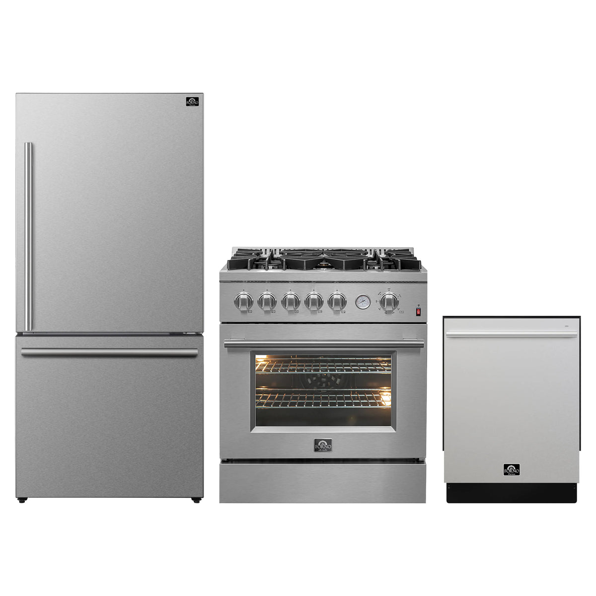 FORNO 3-Piece Appliance Package- 30-Inch Gas Range, 31-Inch Refrigerator, and Built-In Dishwasher in Stainless Steel (FBDL-012-01CAUS)