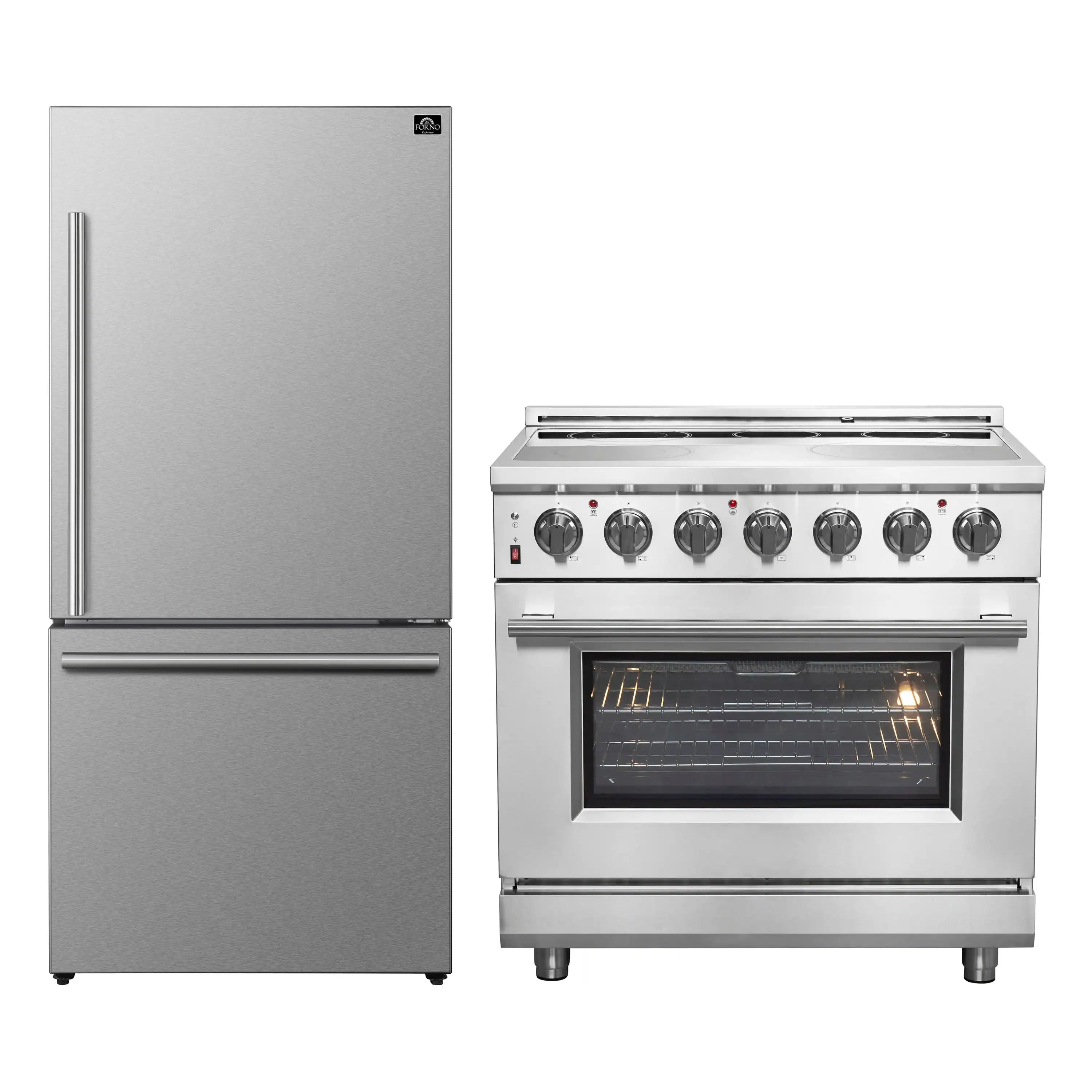 Stainless steel refrigerator and electric range set with oven door and burner knobs
