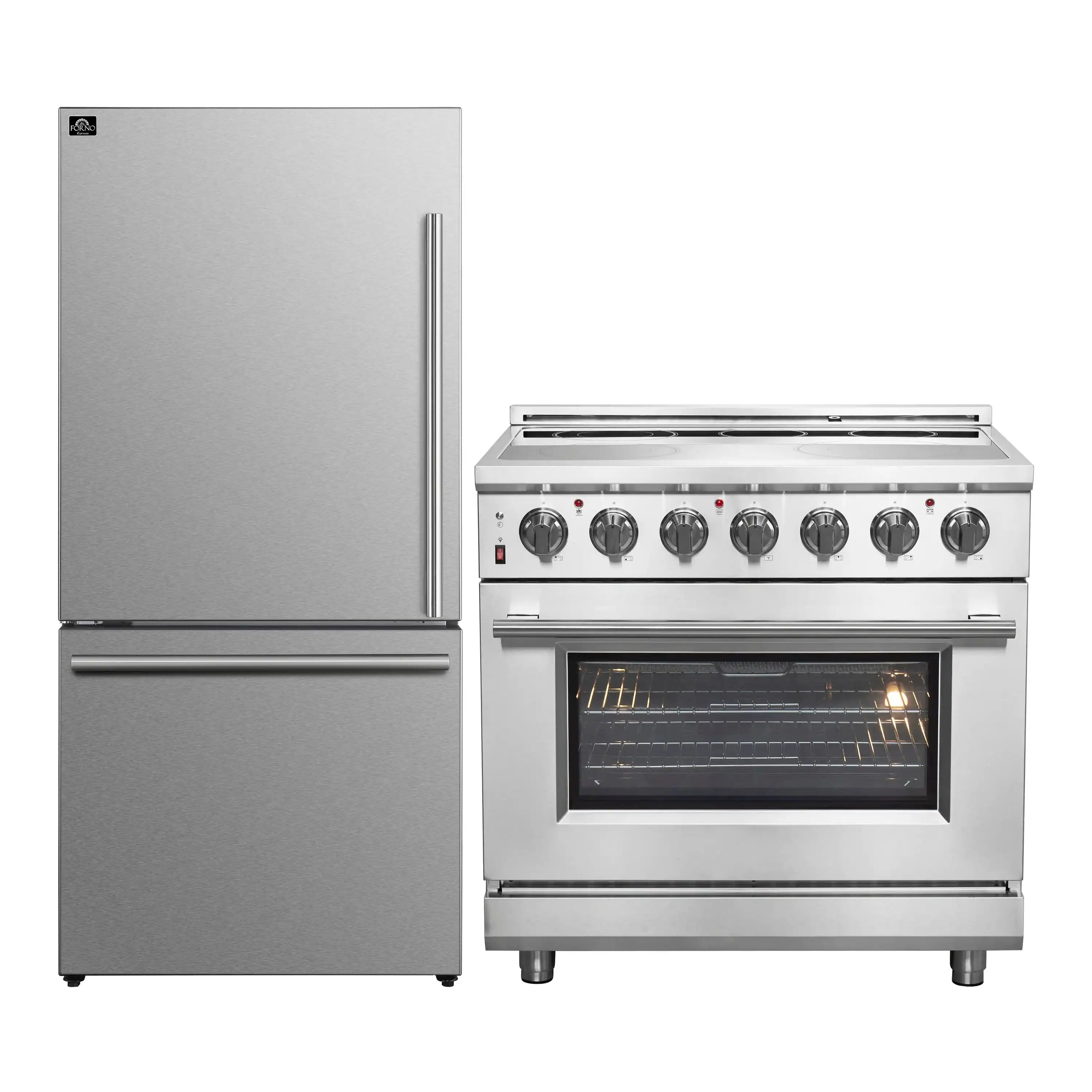 Stainless steel electric range with oven door and knobs beside refrigerator