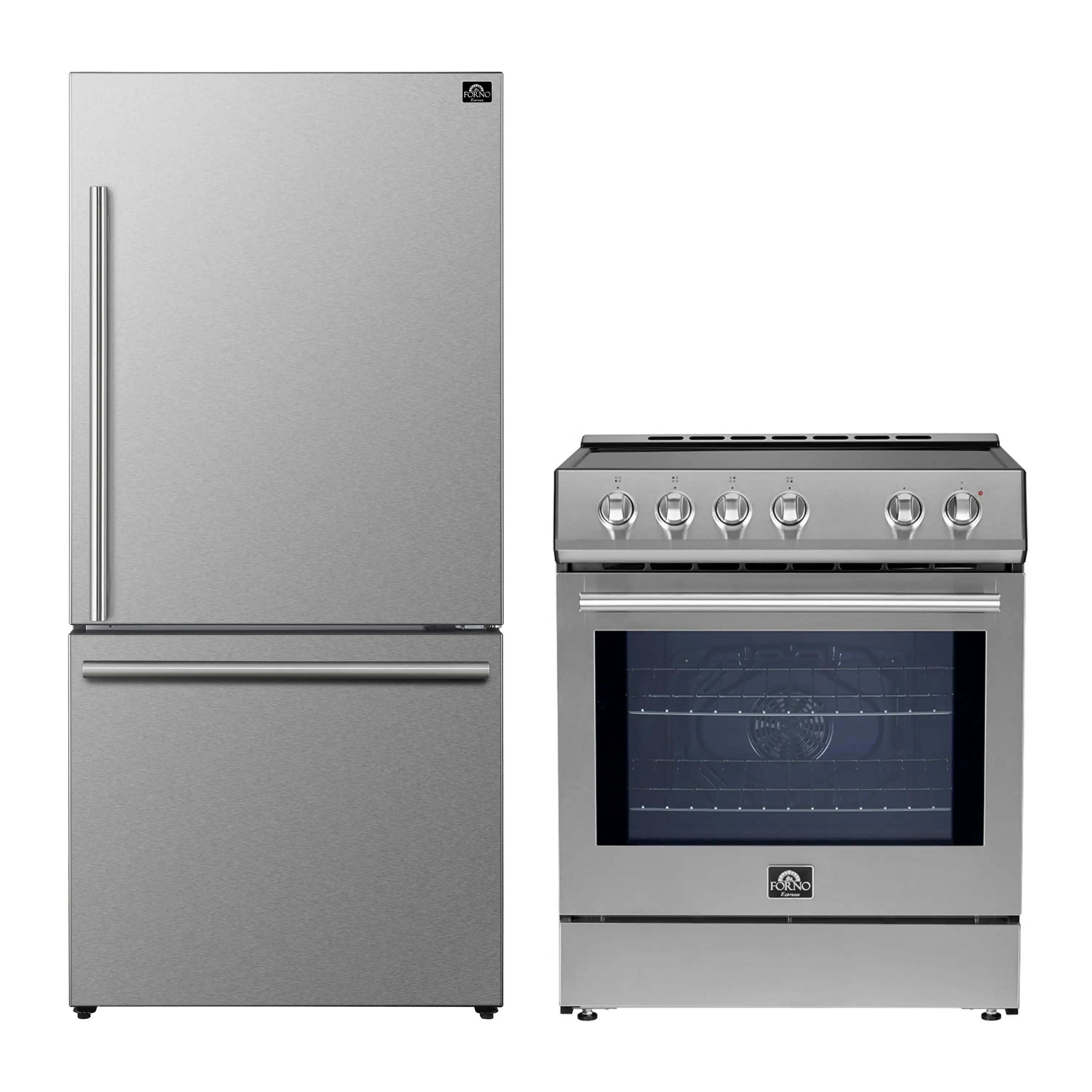 Stainless steel refrigerator and electric range with glass oven door