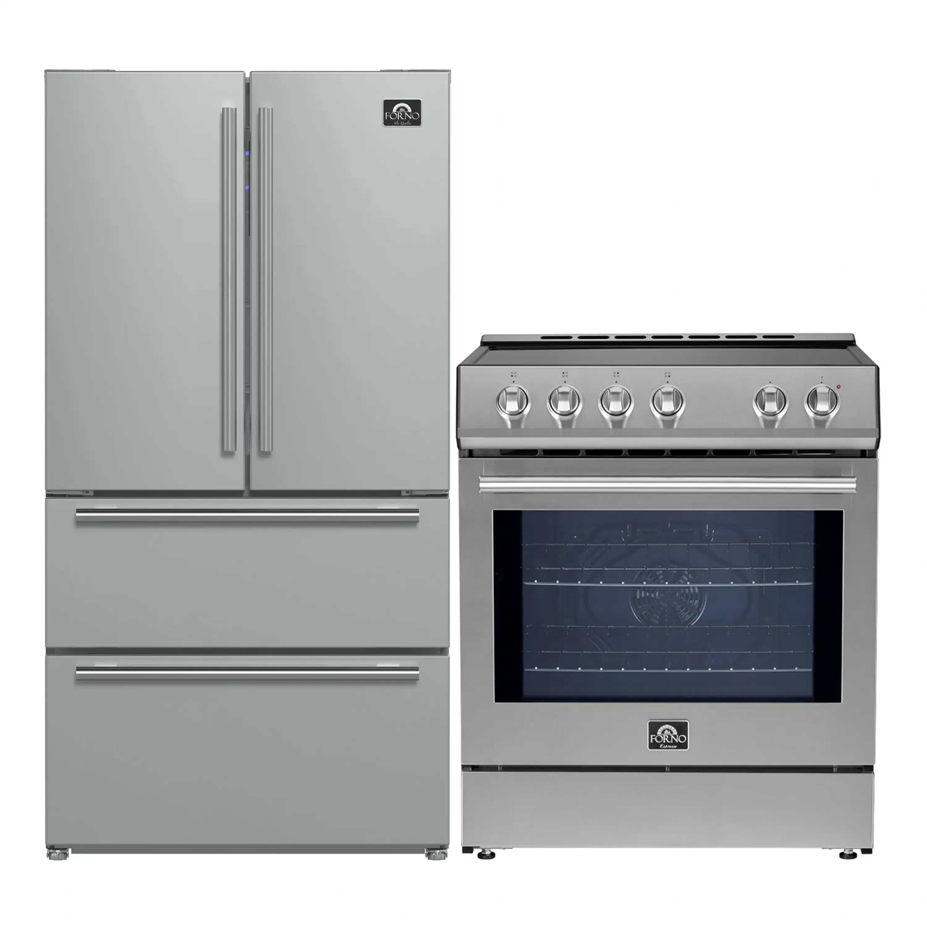 Stainless French door refrigerator and 30-inch induction range combo, front view
