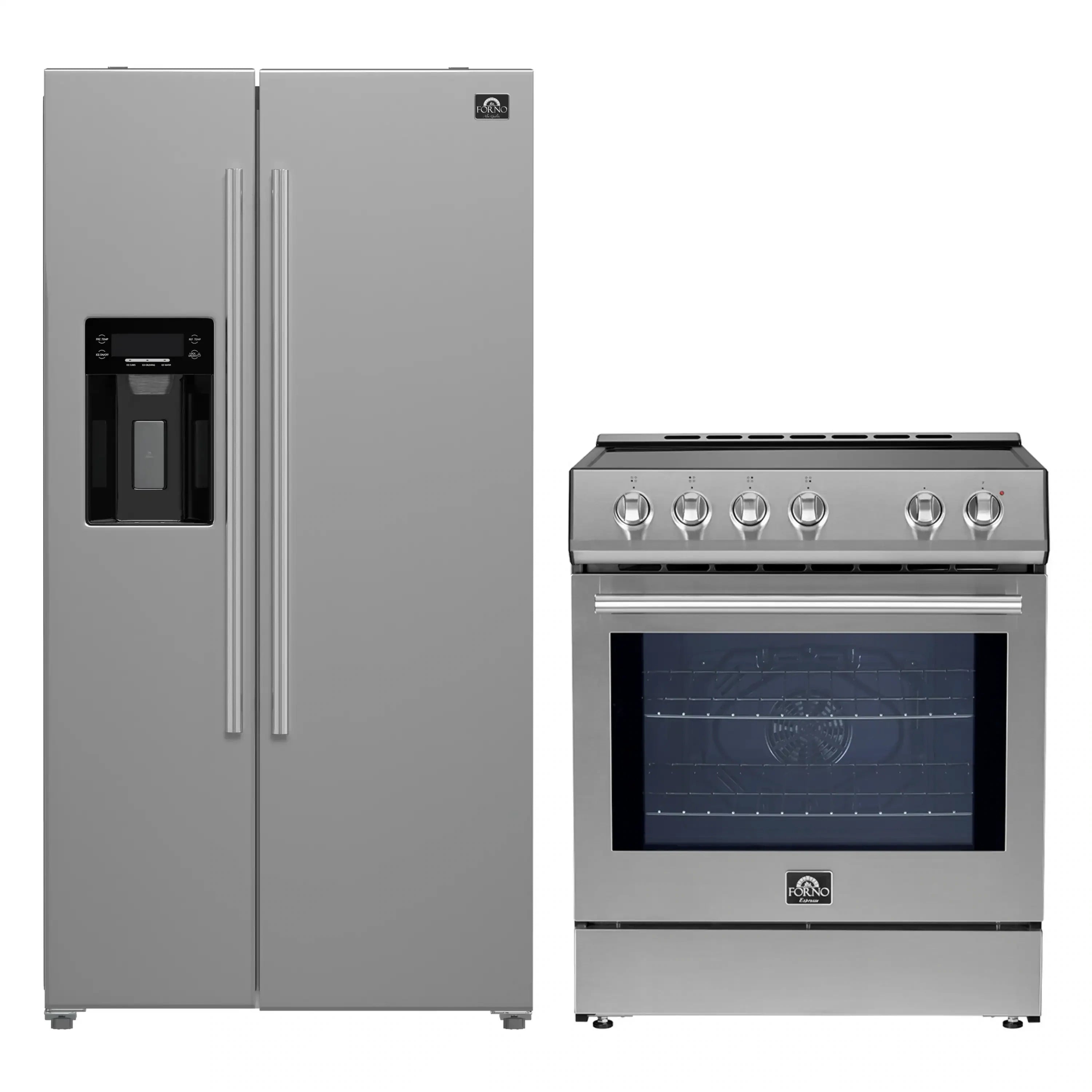 Stainless steel side-by-side refrigerator and induction range appliance package