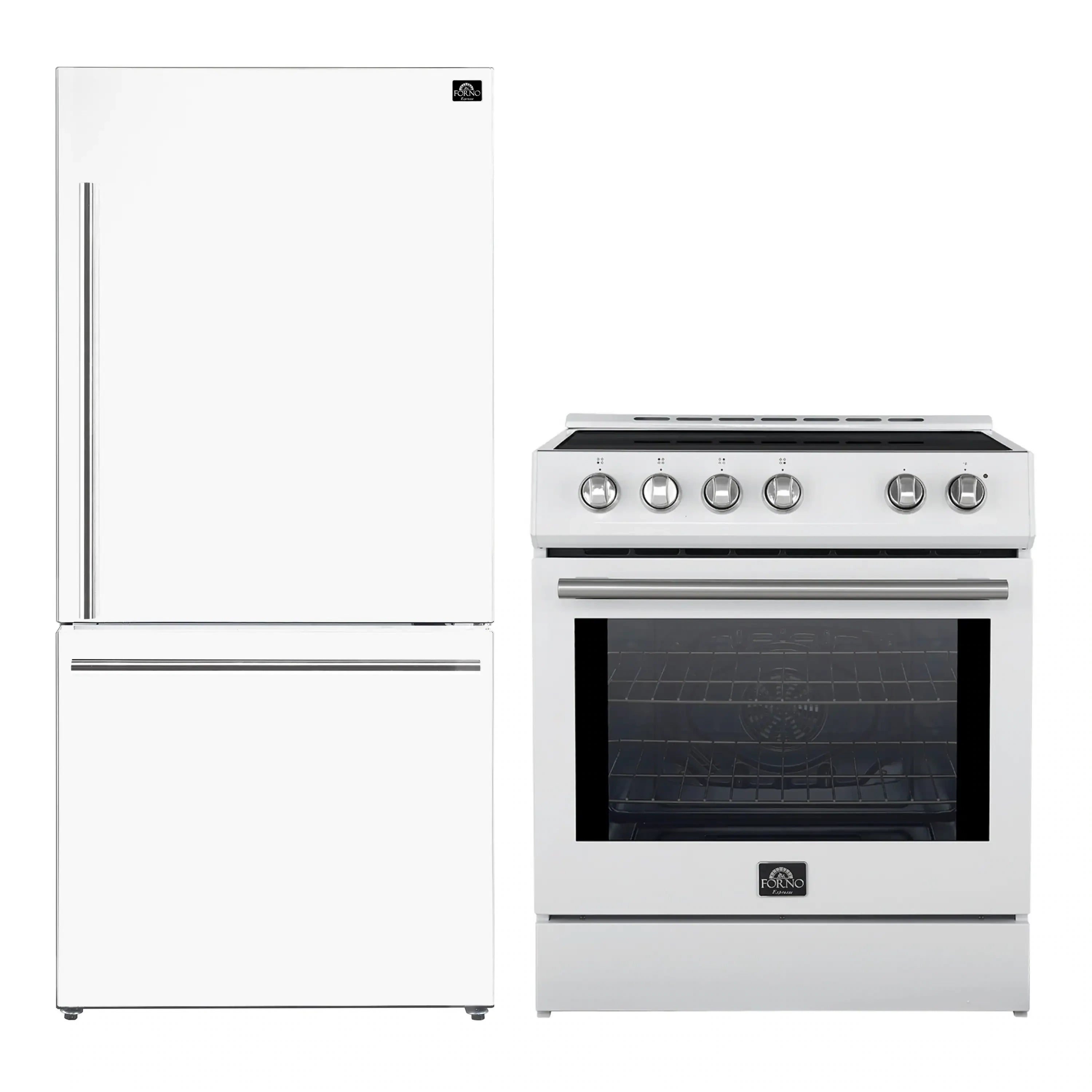 White refrigerator and slide-in induction range combo with stainless handles